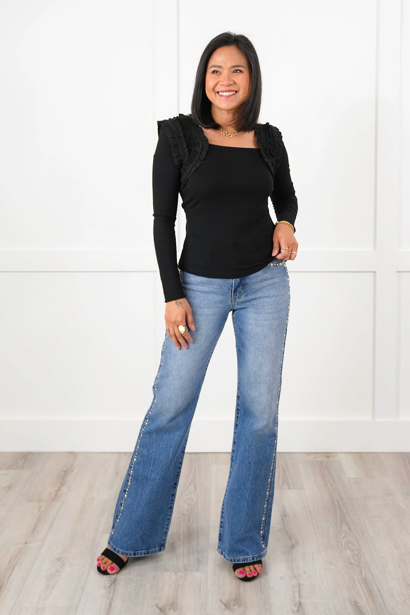 Long Sleeve Square Neck Top with Ruffle Detail - Image 8