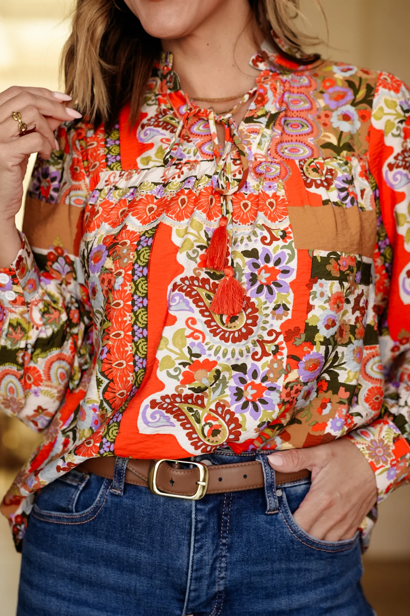 Long Sleeve Tie At The Neck Floral Print Top - Image 3