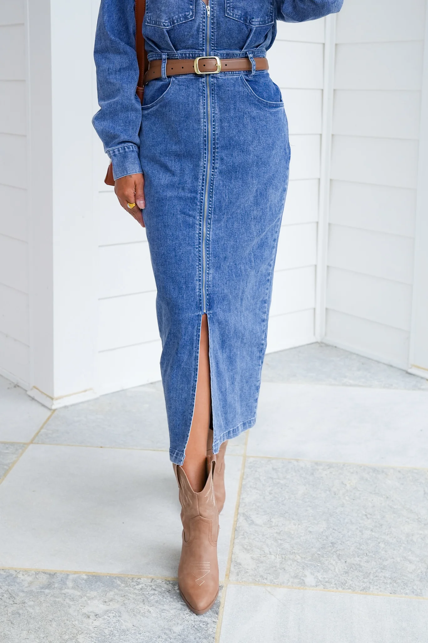 Medium Wash Long Sleeve Zip-Up Utility Maxi Dress - Image 3