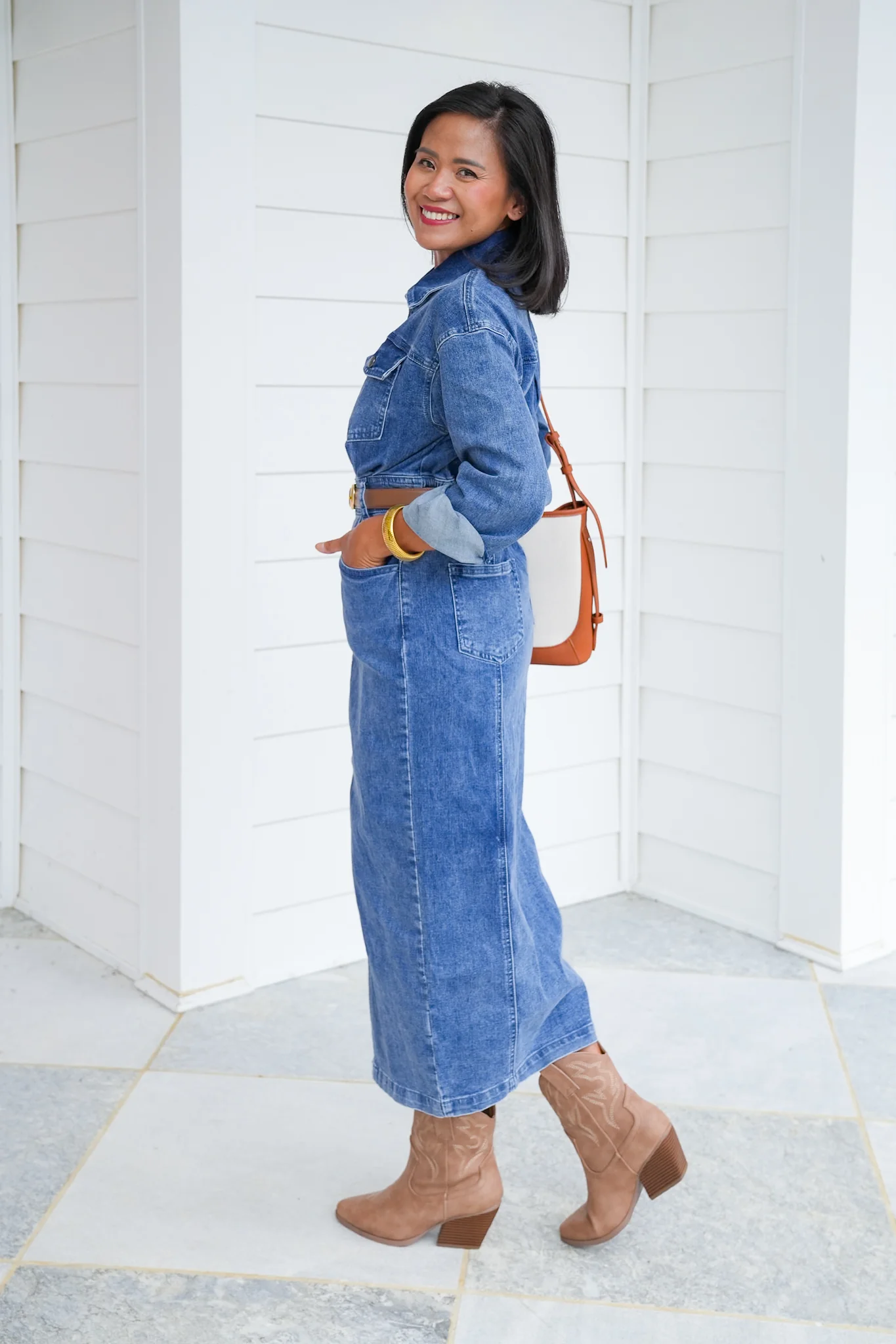 Medium Wash Long Sleeve Zip-Up Utility Maxi Dress - Image 4