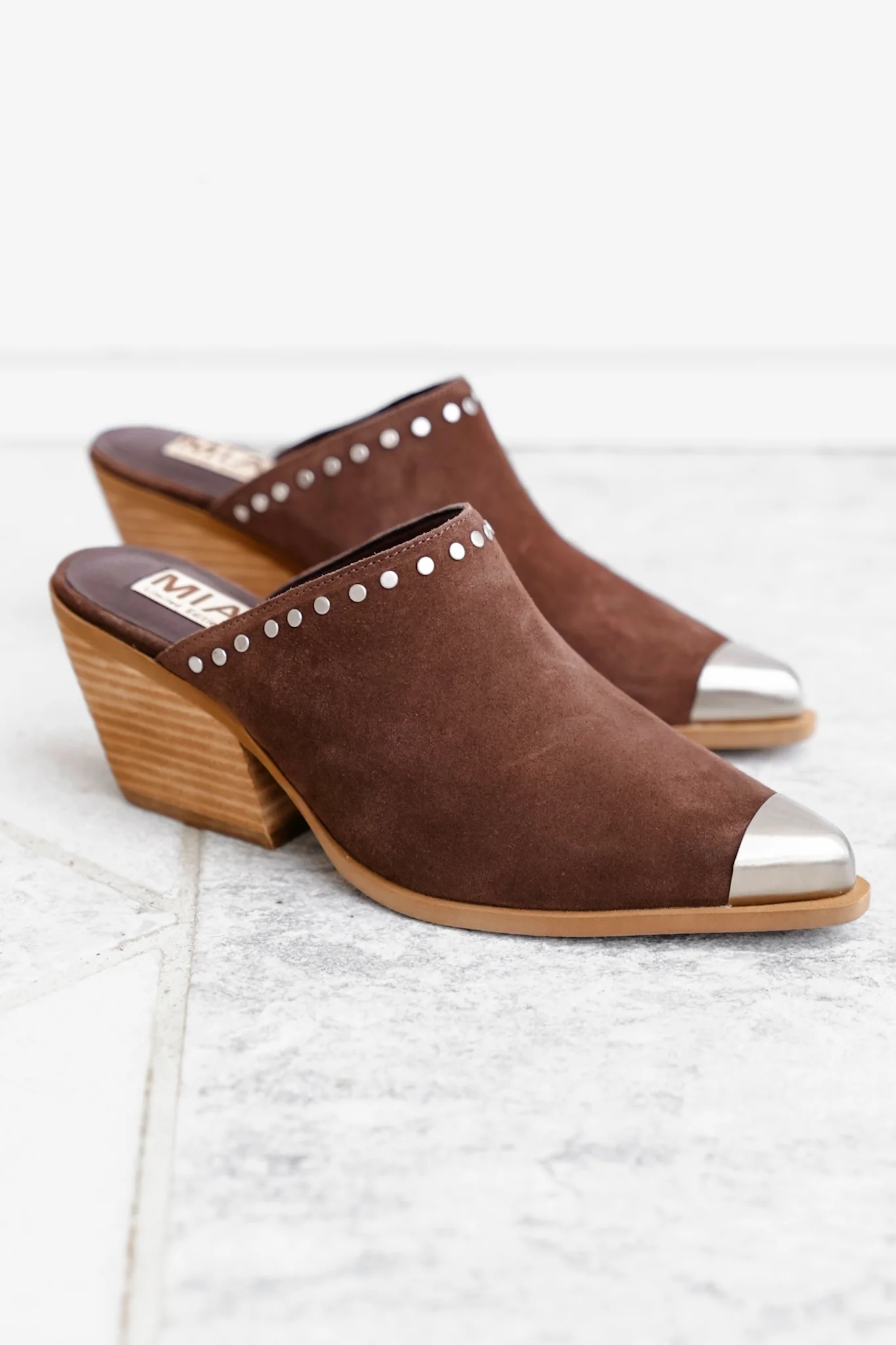 MIA Studded Suede Block Heel Mules with Metal Cap Toe - Image 4