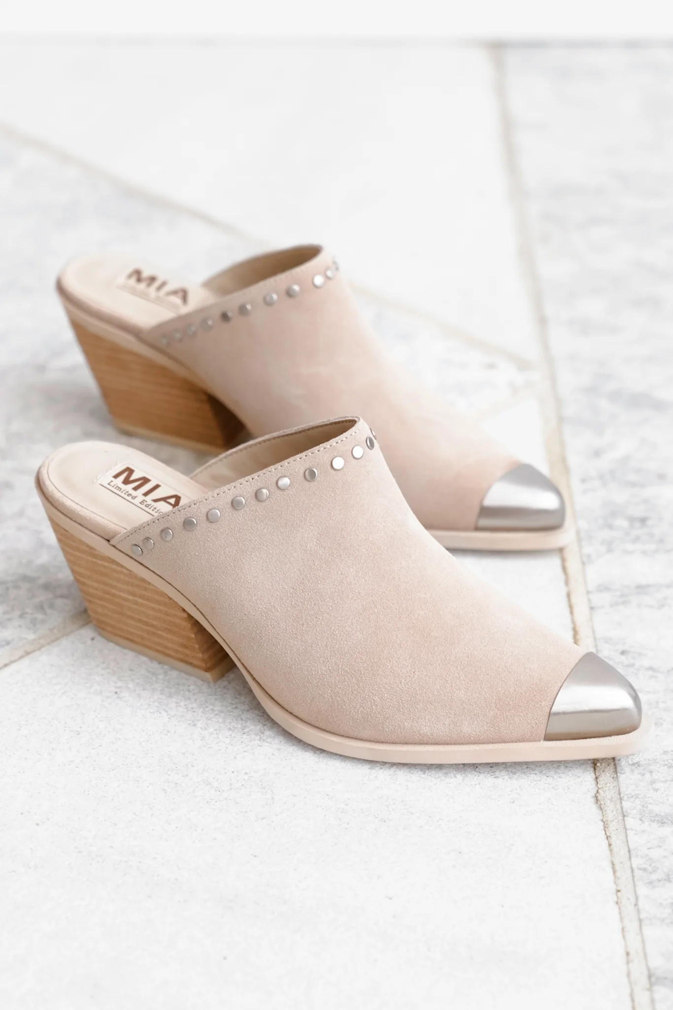MIA Studded Suede Block Heel Mules with Metal Cap Toe - Image 5