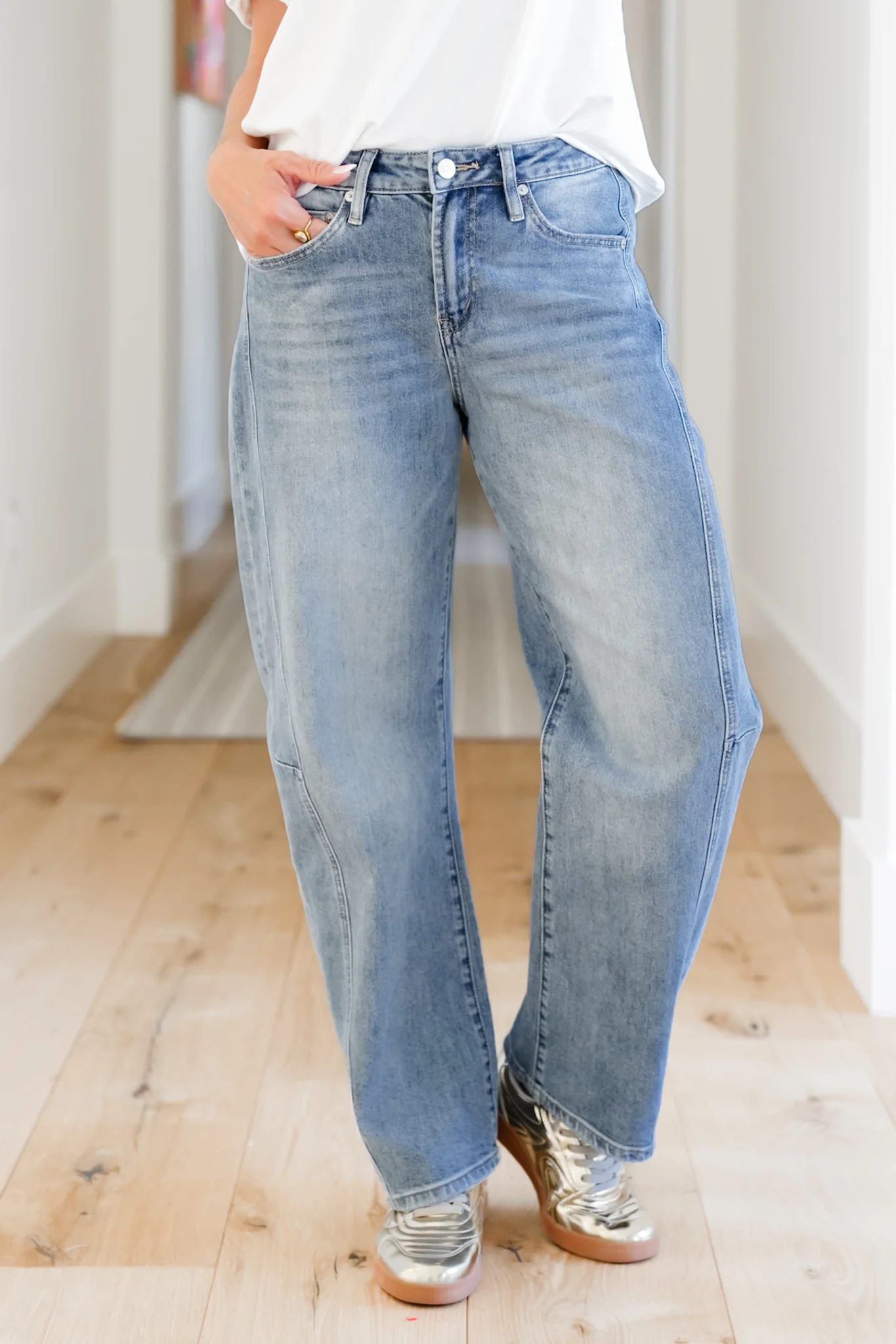 Mica High Rise Light Wash Barrel Jean with Cuffed Hem - Image 3
