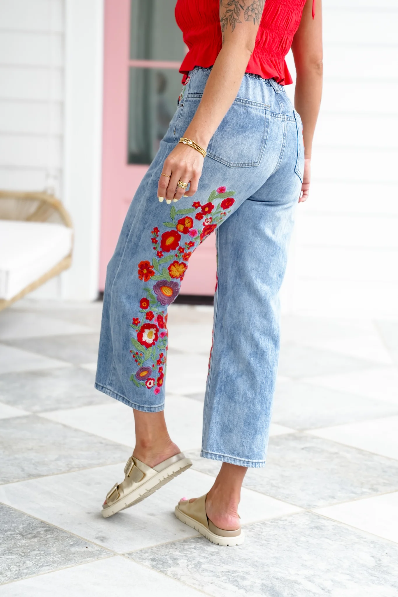 Restock! Wildflower Drive Mineral Wash Relaxed Fit Denim Jeans with Floral Embroidery Detail - Image 3