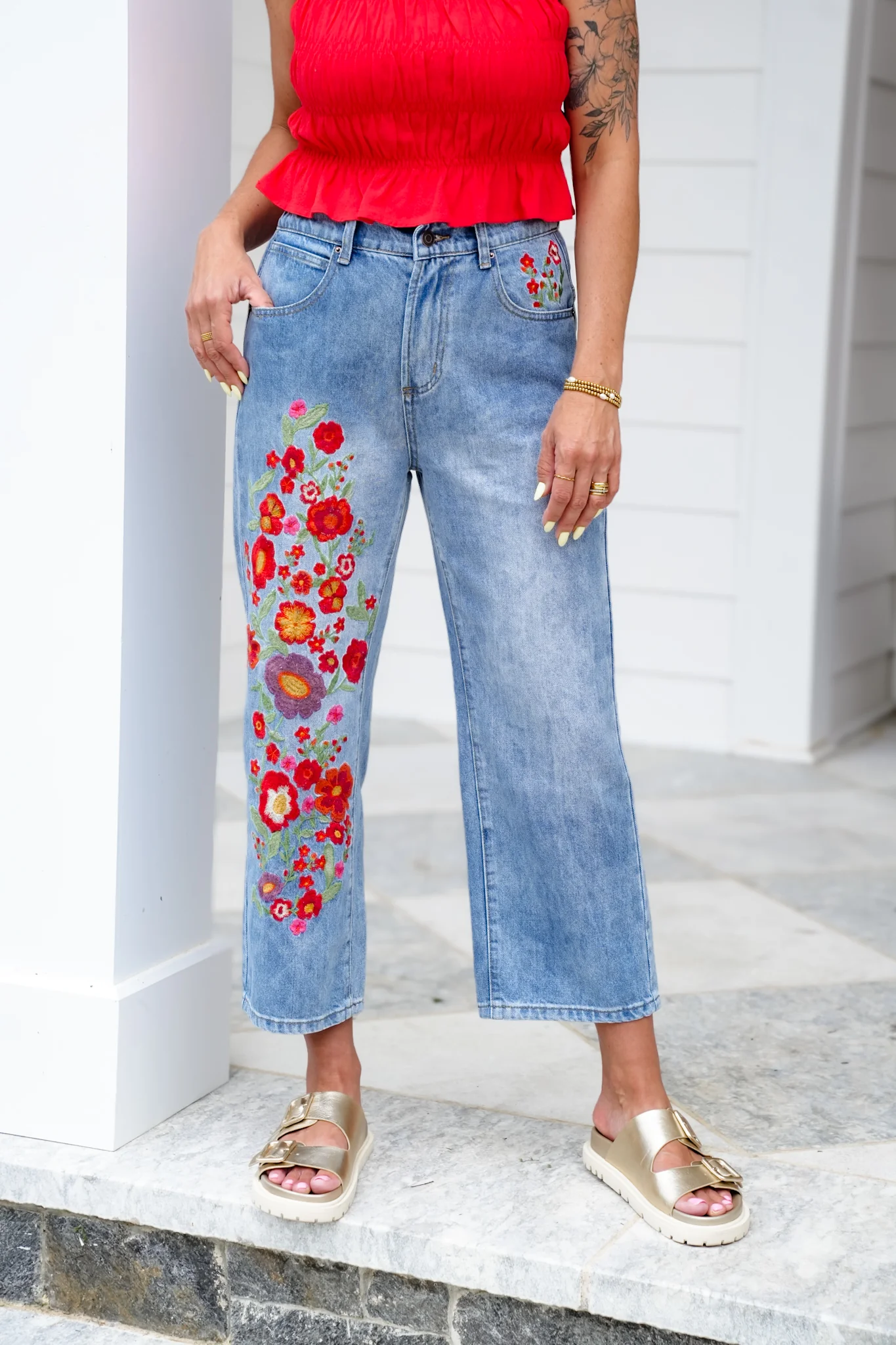 Restock! Wildflower Drive Mineral Wash Relaxed Fit Denim Jeans with Floral Embroidery Detail - Image 4