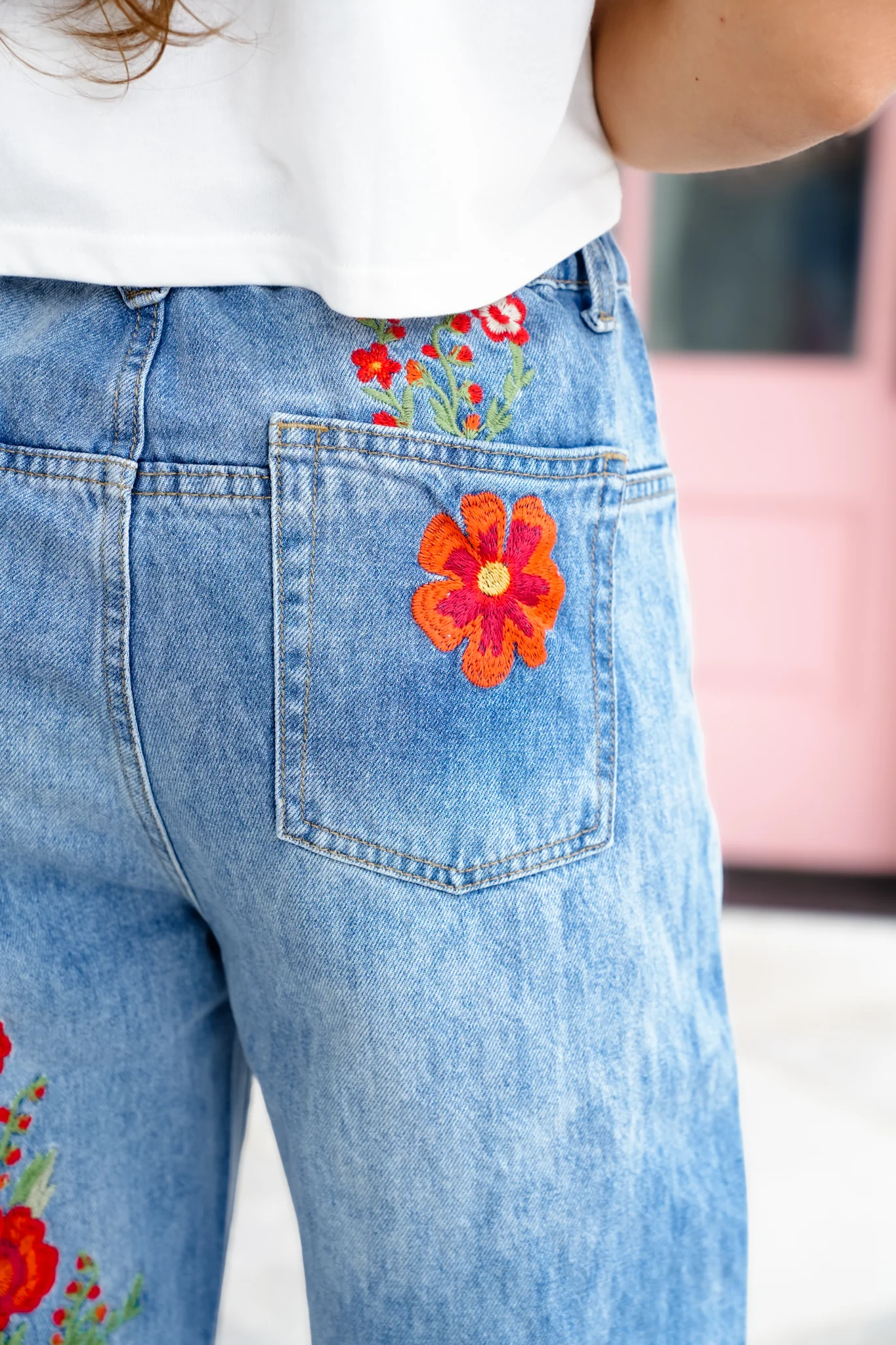Restock! Wildflower Drive Mineral Wash Relaxed Fit Denim Jeans with Floral Embroidery Detail - Image 5