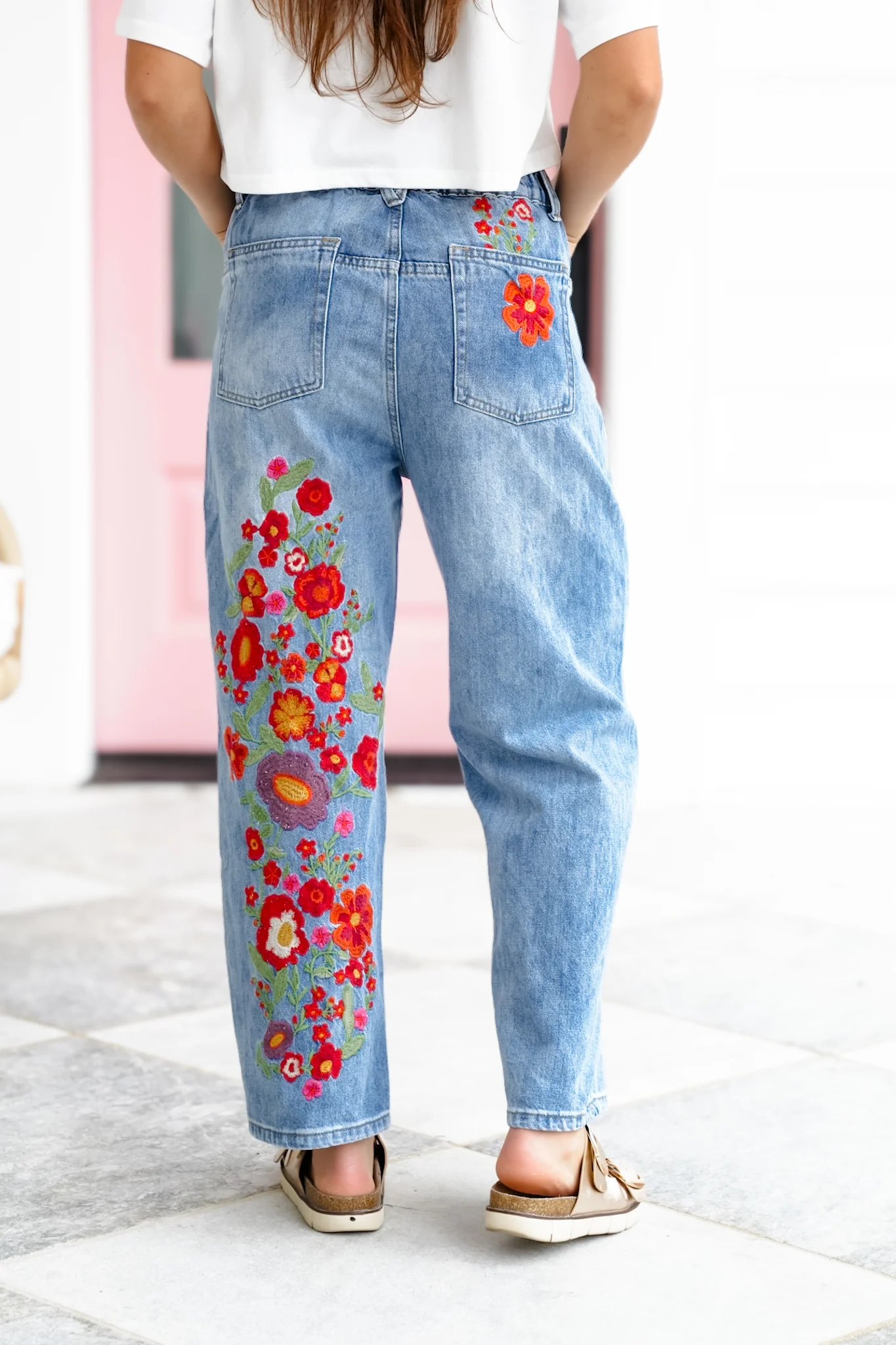 Restock! Wildflower Drive Mineral Wash Relaxed Fit Denim Jeans with Floral Embroidery Detail - Image 6
