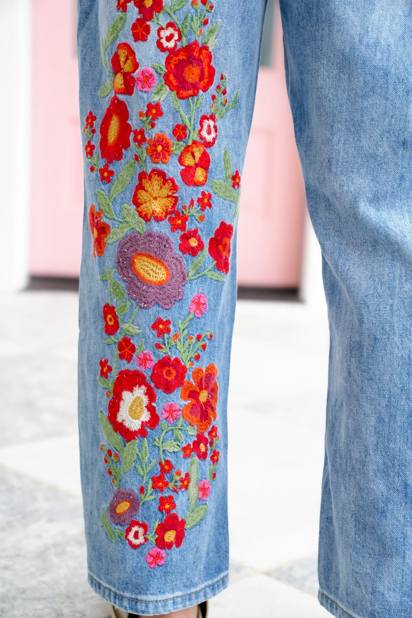 Restock! Wildflower Drive Mineral Wash Relaxed Fit Denim Jeans with Floral Embroidery Detail - Image 7