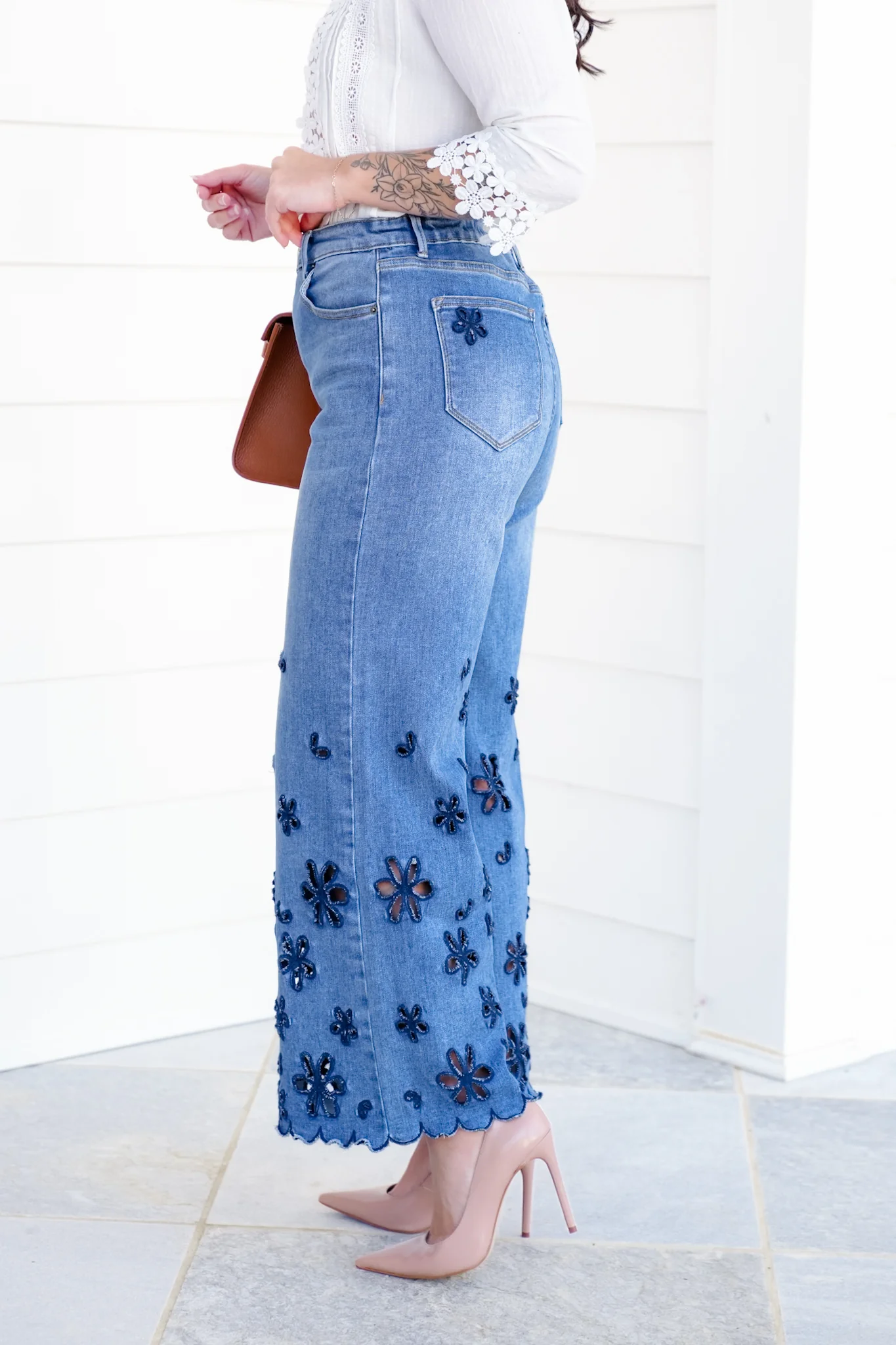 The Bluebelle Wide Leg Relax Fit Jeans with Floral Cutout - Image 4
