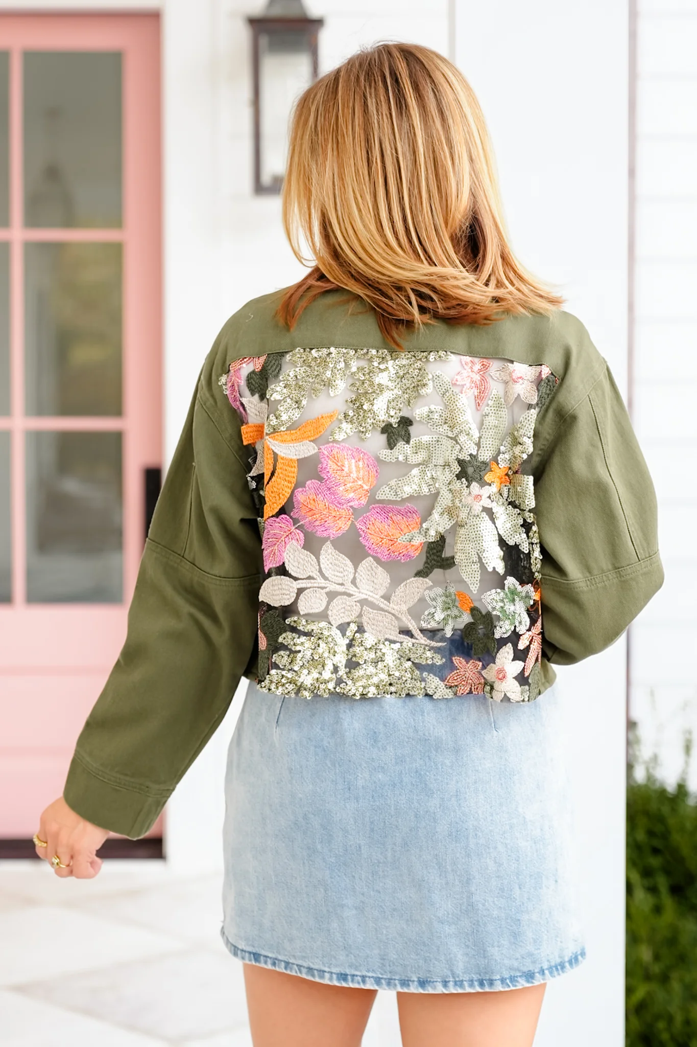 Olive Long Sleeve Button Up Canvas Jacket with Sequin - Image 8