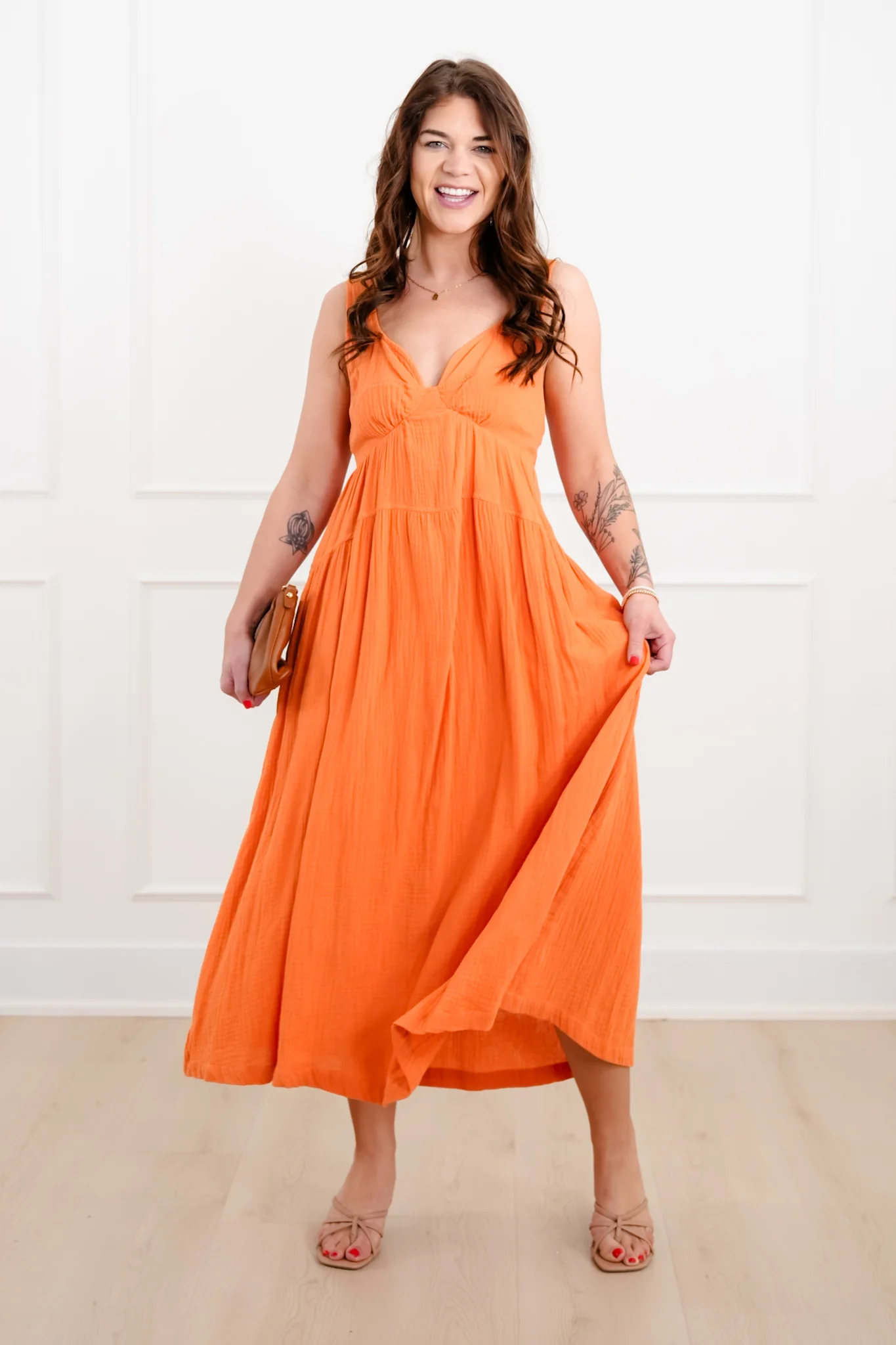 Orange Gauze Sleeveless V Neck Maxi Dress