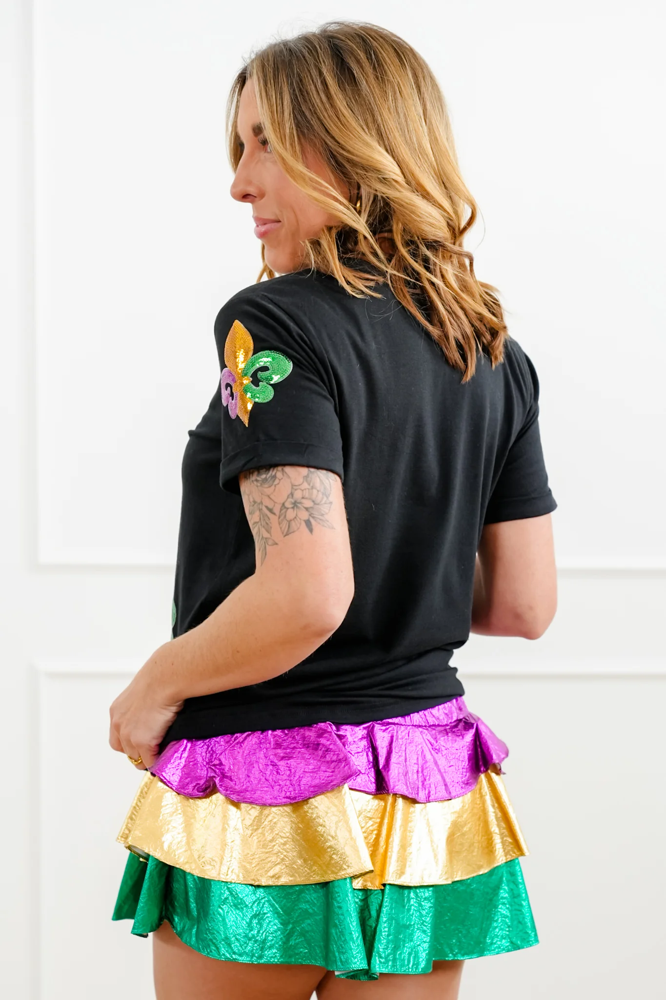 Plus/Reg All Over Sequin Fleur De Lis Patch Short Sleeve Top - Image 6