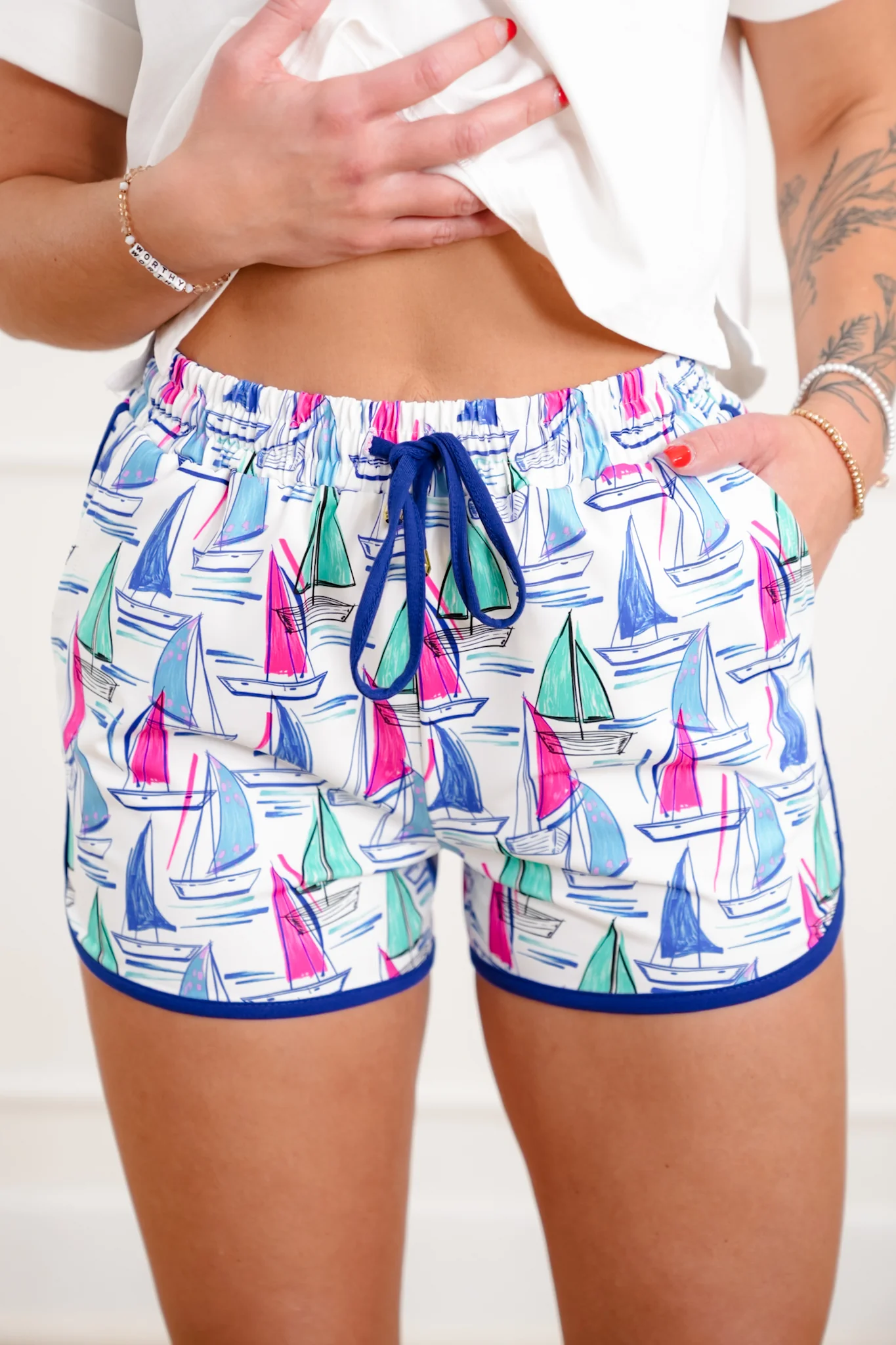 Plus/Reg Sailboat Print Elastic Waist Shorts - Image 2