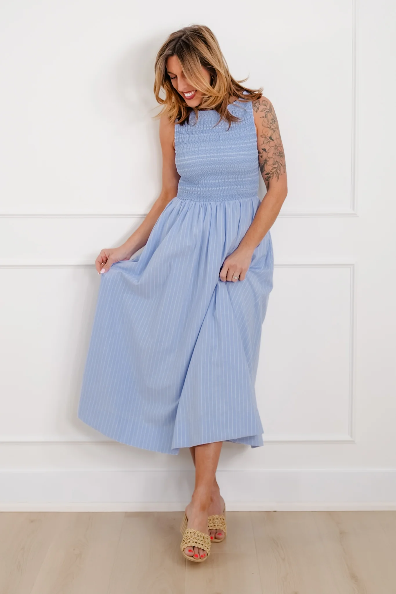 Plus/Reg Sleeveless Smocked Bodice Stripe Skirt Maxi Dress - Image 6