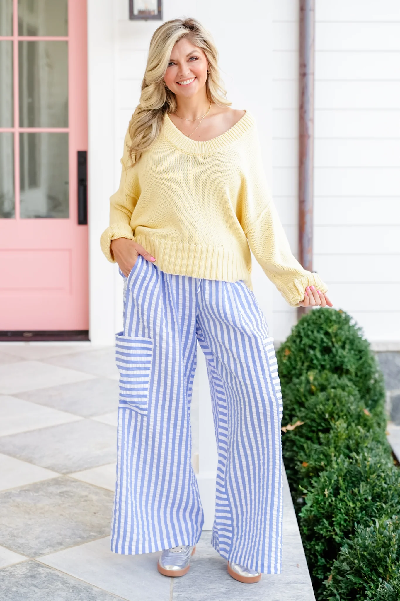 Plus/Reg Stripe Seersucker Elastic Waist Wide Leg Pants - Image 10