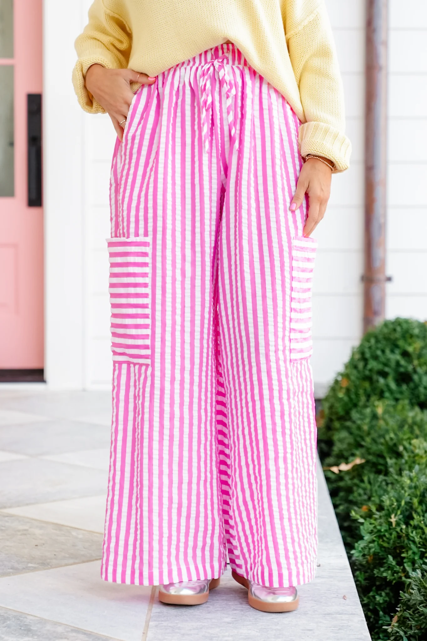 Plus/Reg Stripe Seersucker Elastic Waist Wide Leg Pants - Image 3