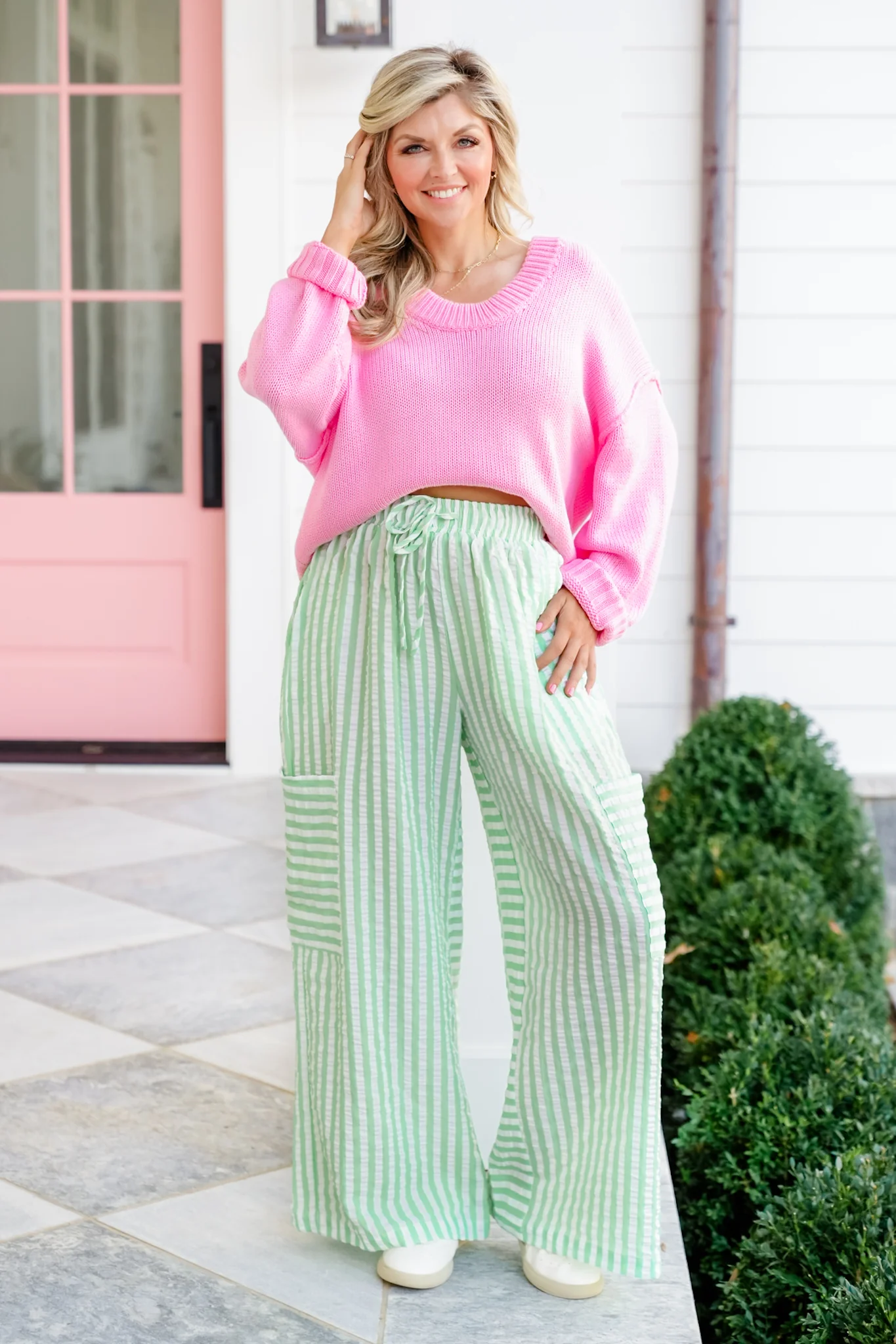 Plus/Reg Stripe Seersucker Elastic Waist Wide Leg Pants - Image 6