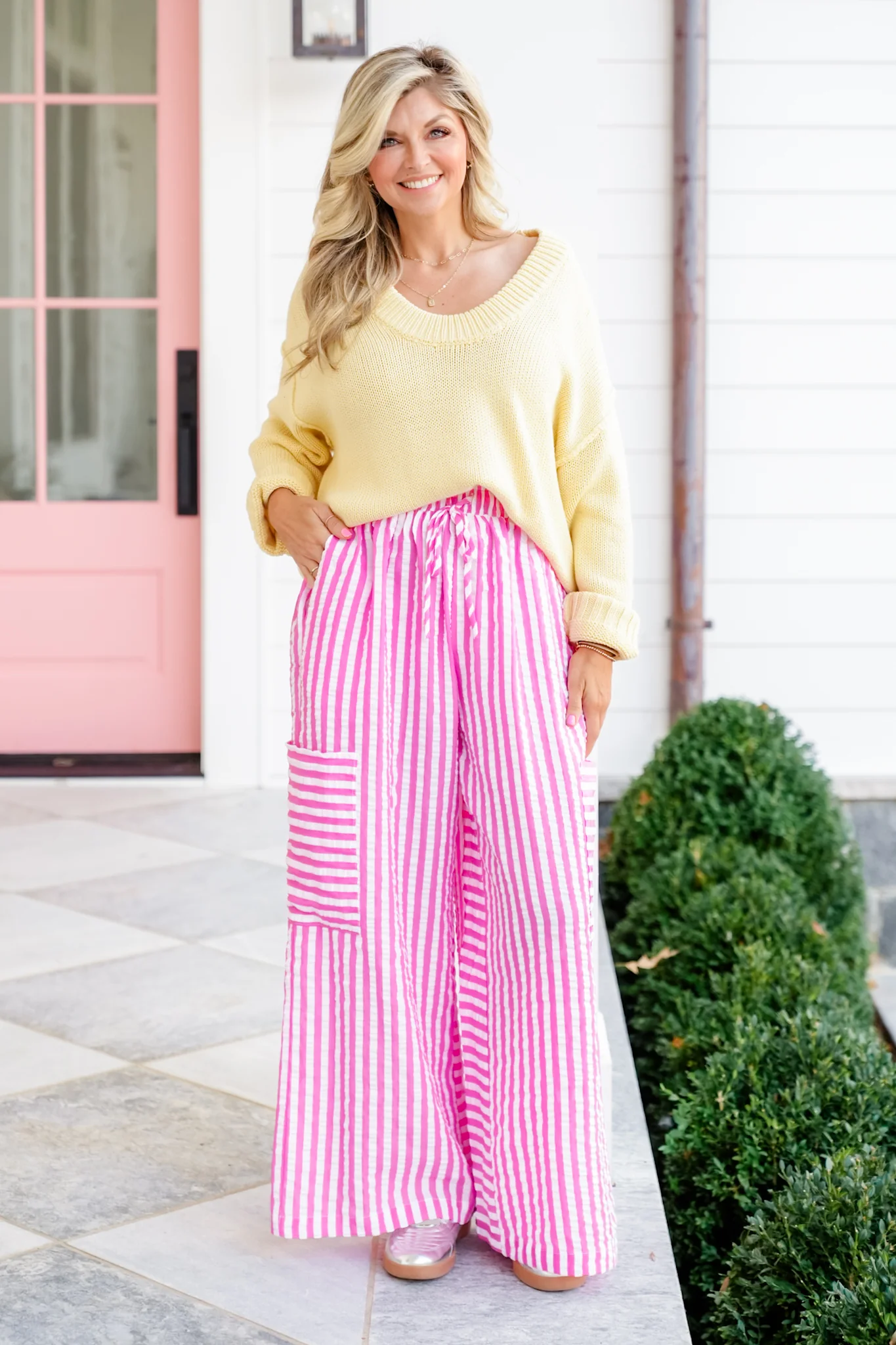 Plus/Reg Stripe Seersucker Elastic Waist Wide Leg Pants - Image 9