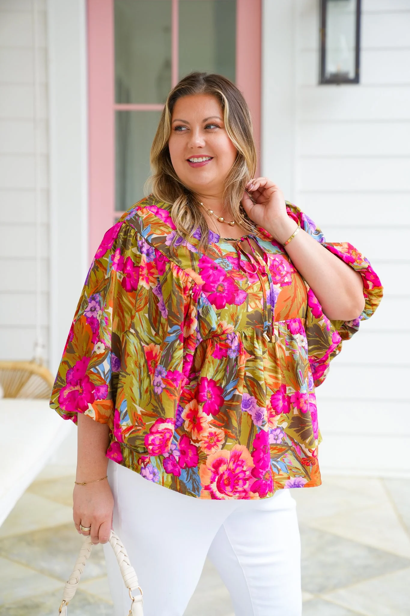 Plus/Reg Tropical Floral Print Dolman Sleeve V Neck Top - Image 10