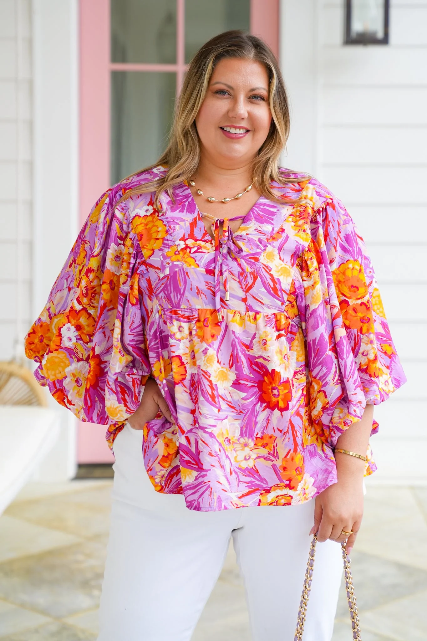 Plus/Reg Tropical Floral Print Dolman Sleeve V Neck Top - Image 14