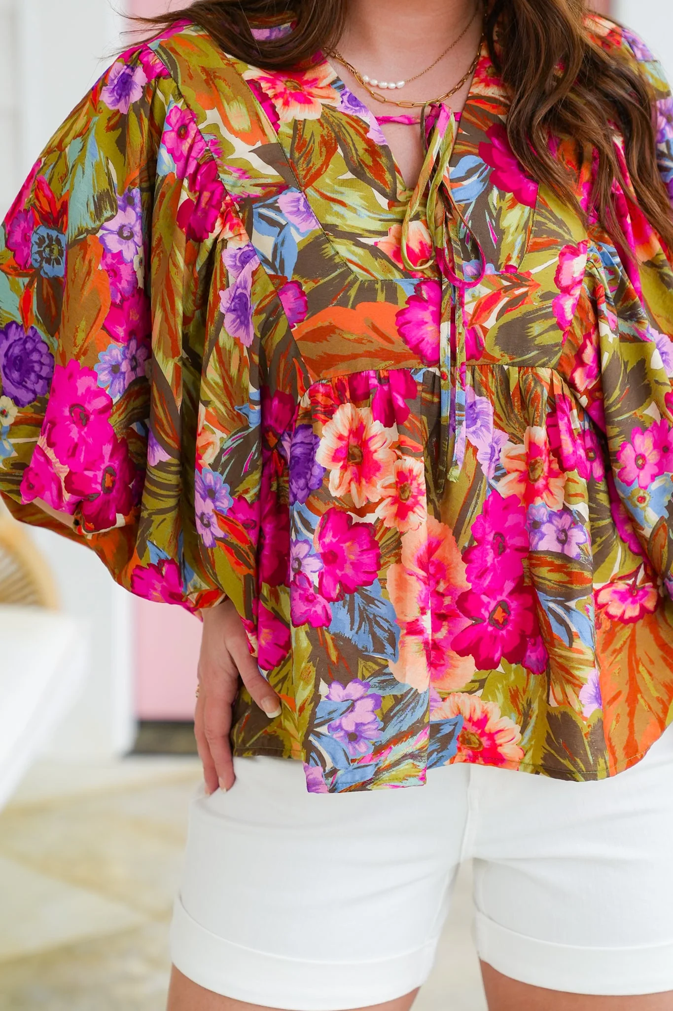 Plus/Reg Tropical Floral Print Dolman Sleeve V Neck Top - Image 4