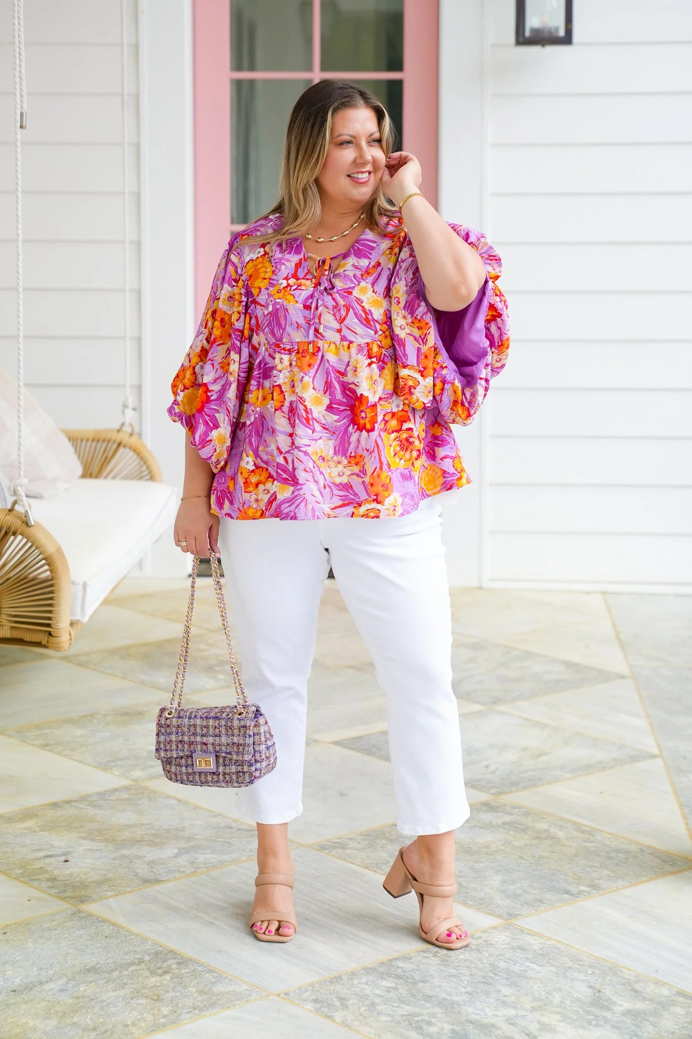 Plus/Reg Tropical Floral Print Dolman Sleeve V Neck Top - Image 6