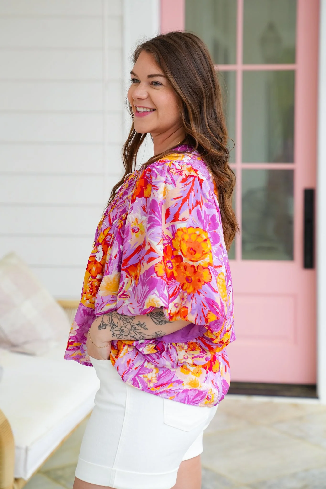 Plus/Reg Tropical Floral Print Dolman Sleeve V Neck Top - Image 7
