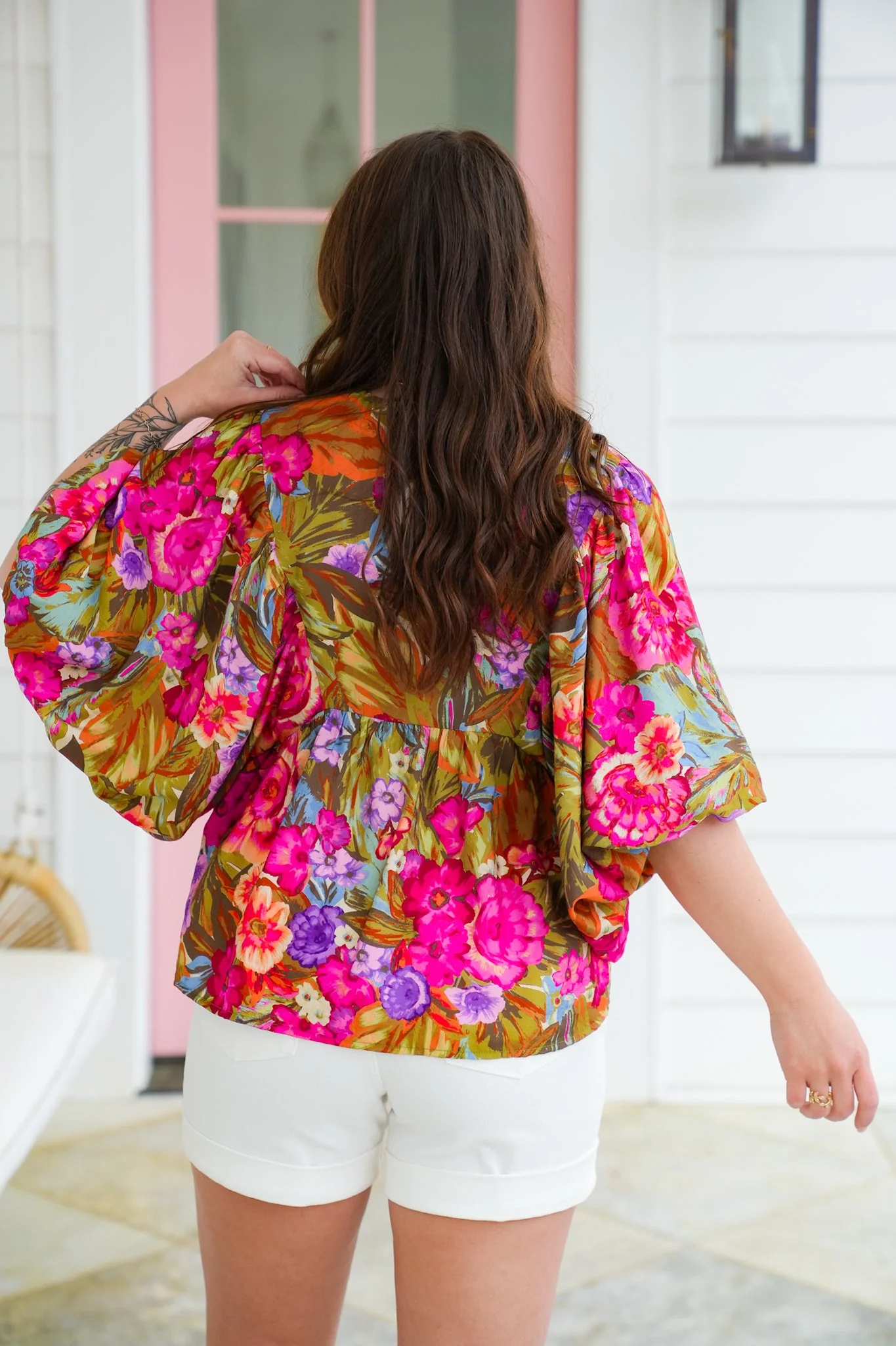 Plus/Reg Tropical Floral Print Dolman Sleeve V Neck Top - Image 8