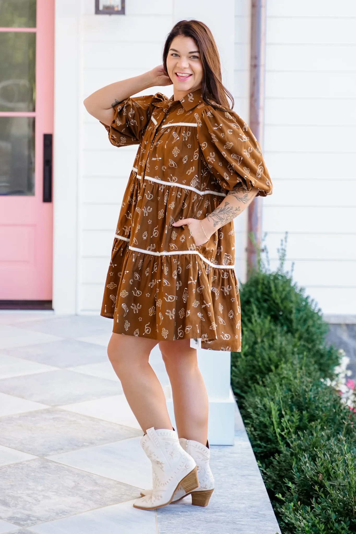 Plus/Reg Western Print Short Puff Sleeve Dress - Image 3