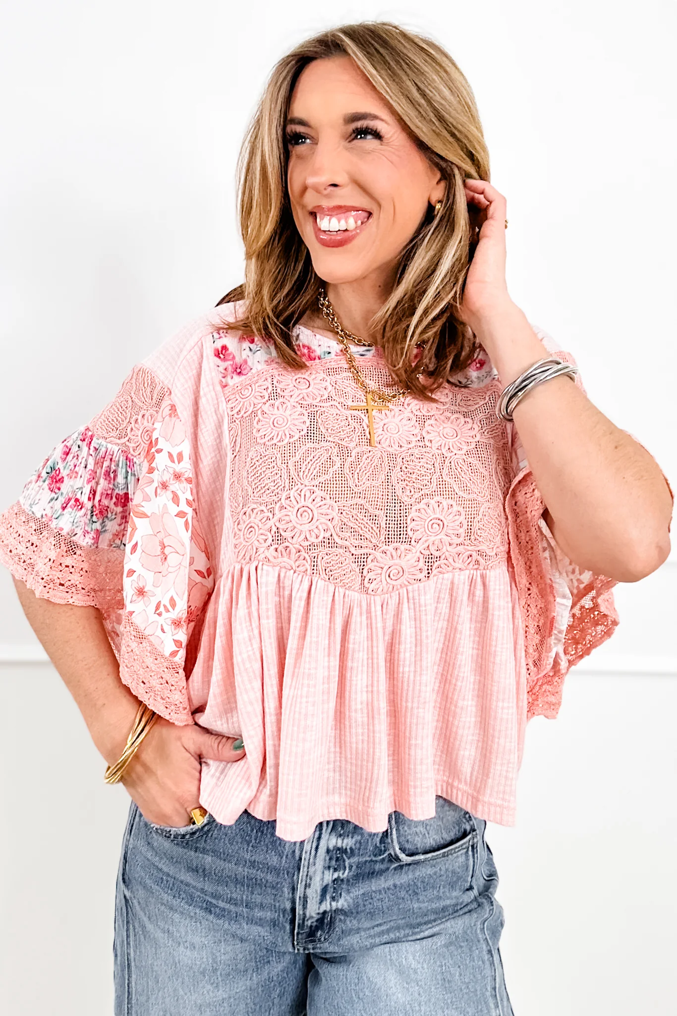 POL Pink Short Sleeve Round Neck Top with Floral Print - Image 2