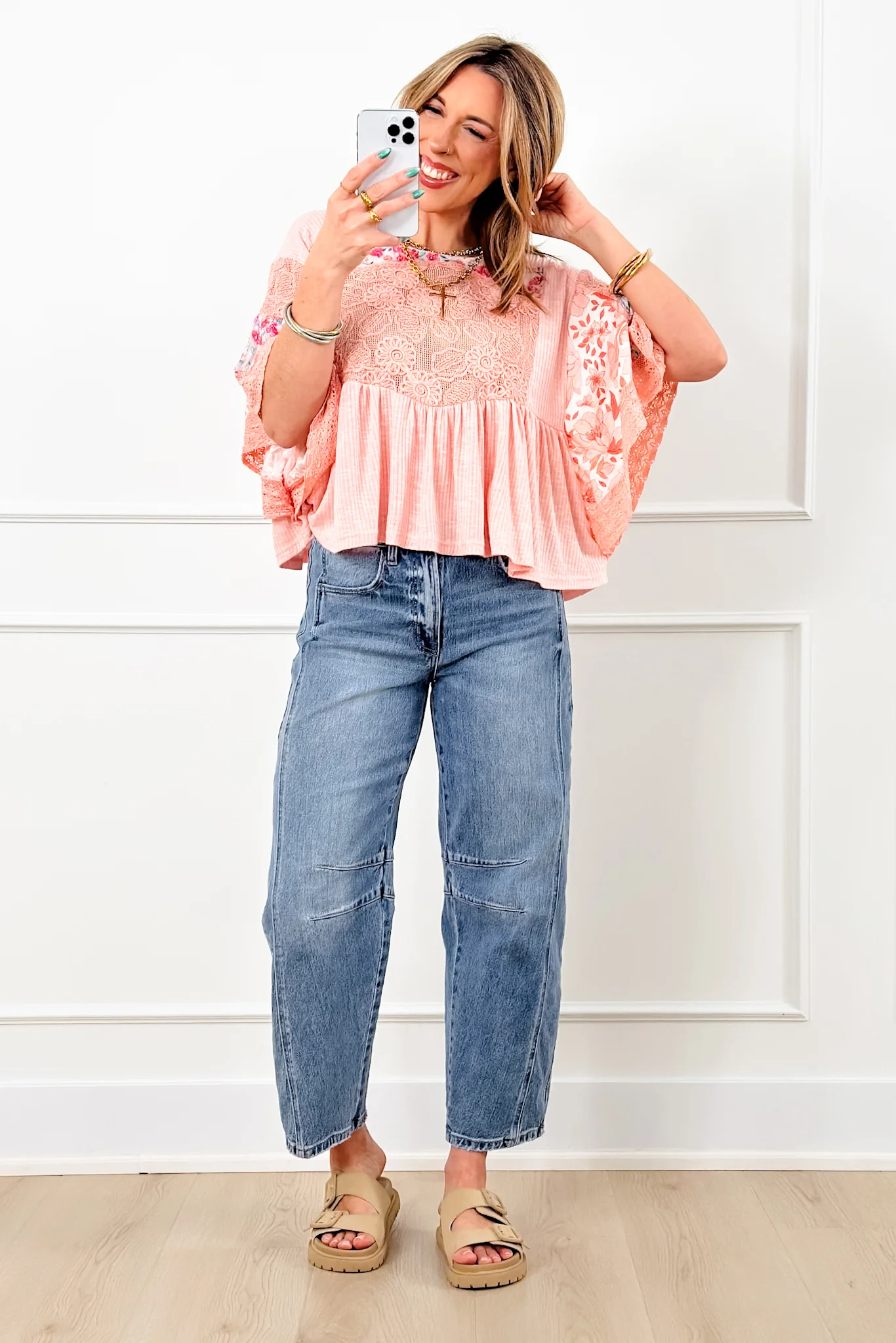 POL Pink Short Sleeve Round Neck Top with Floral Print - Image 3