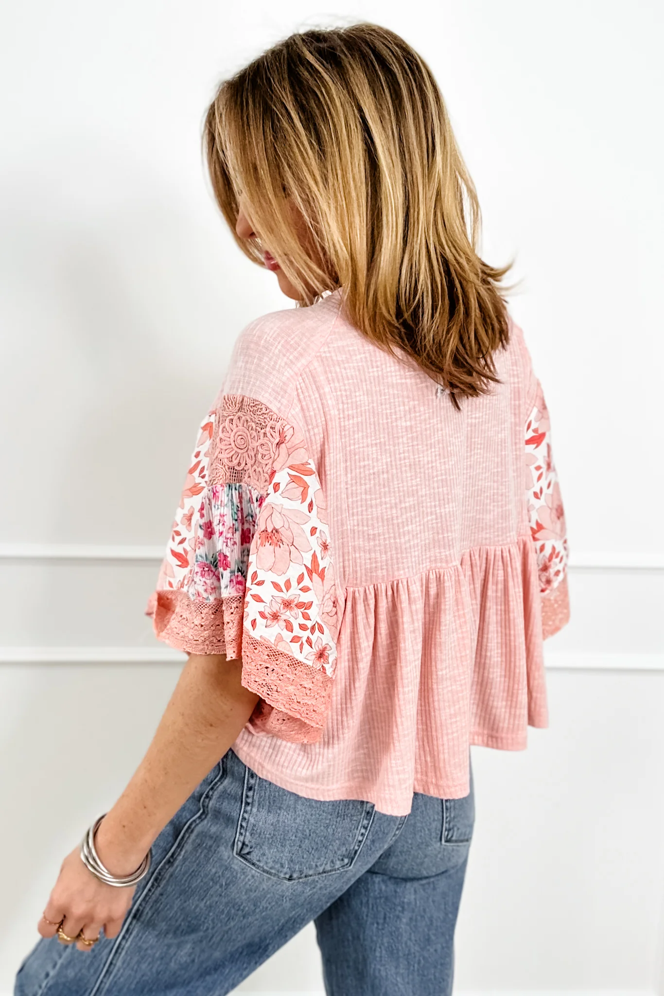 POL Pink Short Sleeve Round Neck Top with Floral Print - Image 5