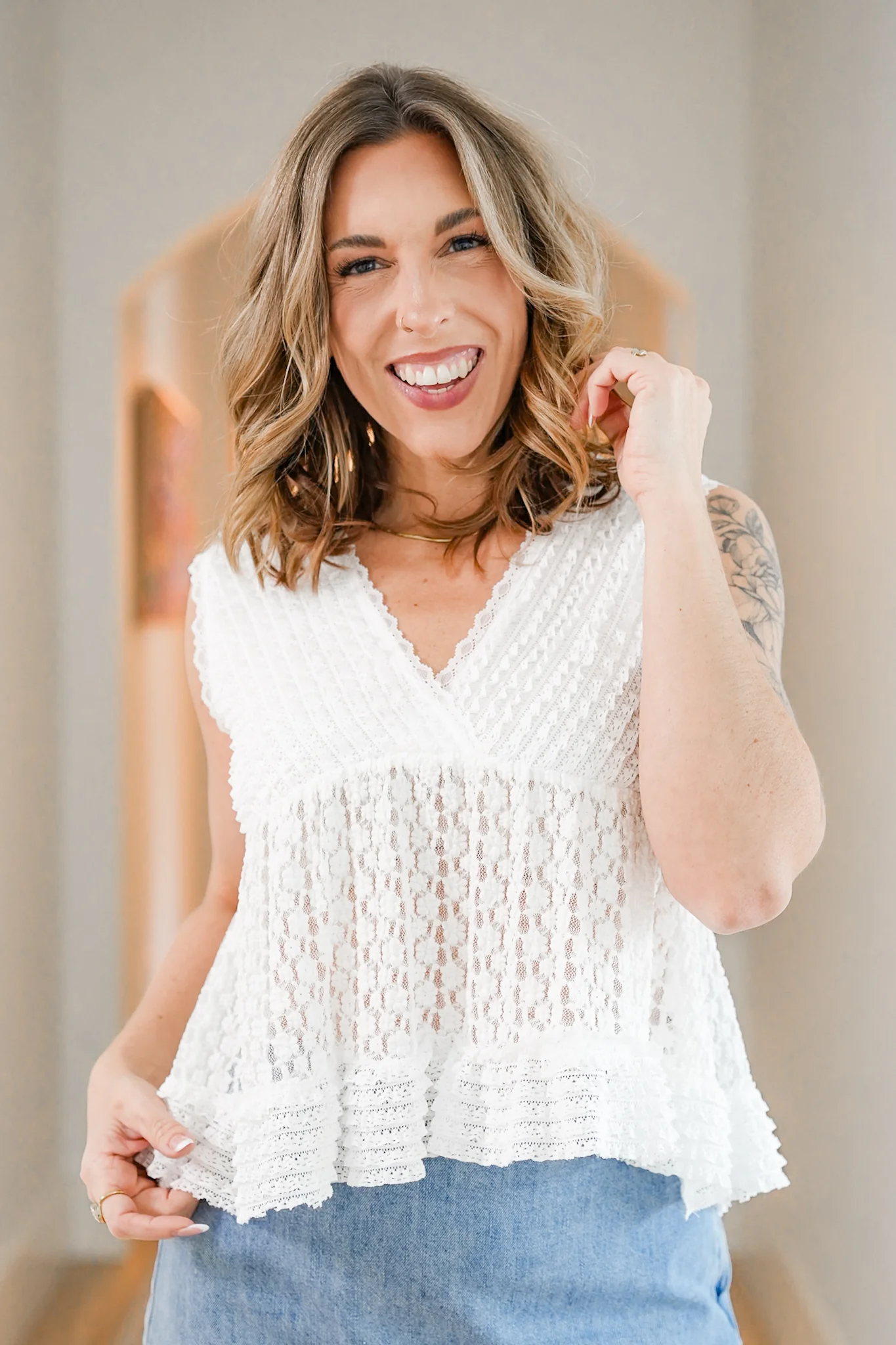 POL Textured Sleeveless V Neck Top with Lace