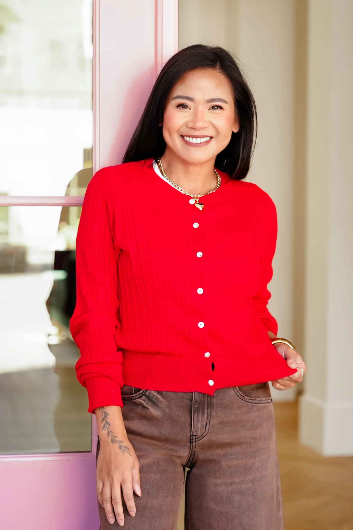 Red Cable Knit Long Sleeve Button Down Cardigan - Image 5