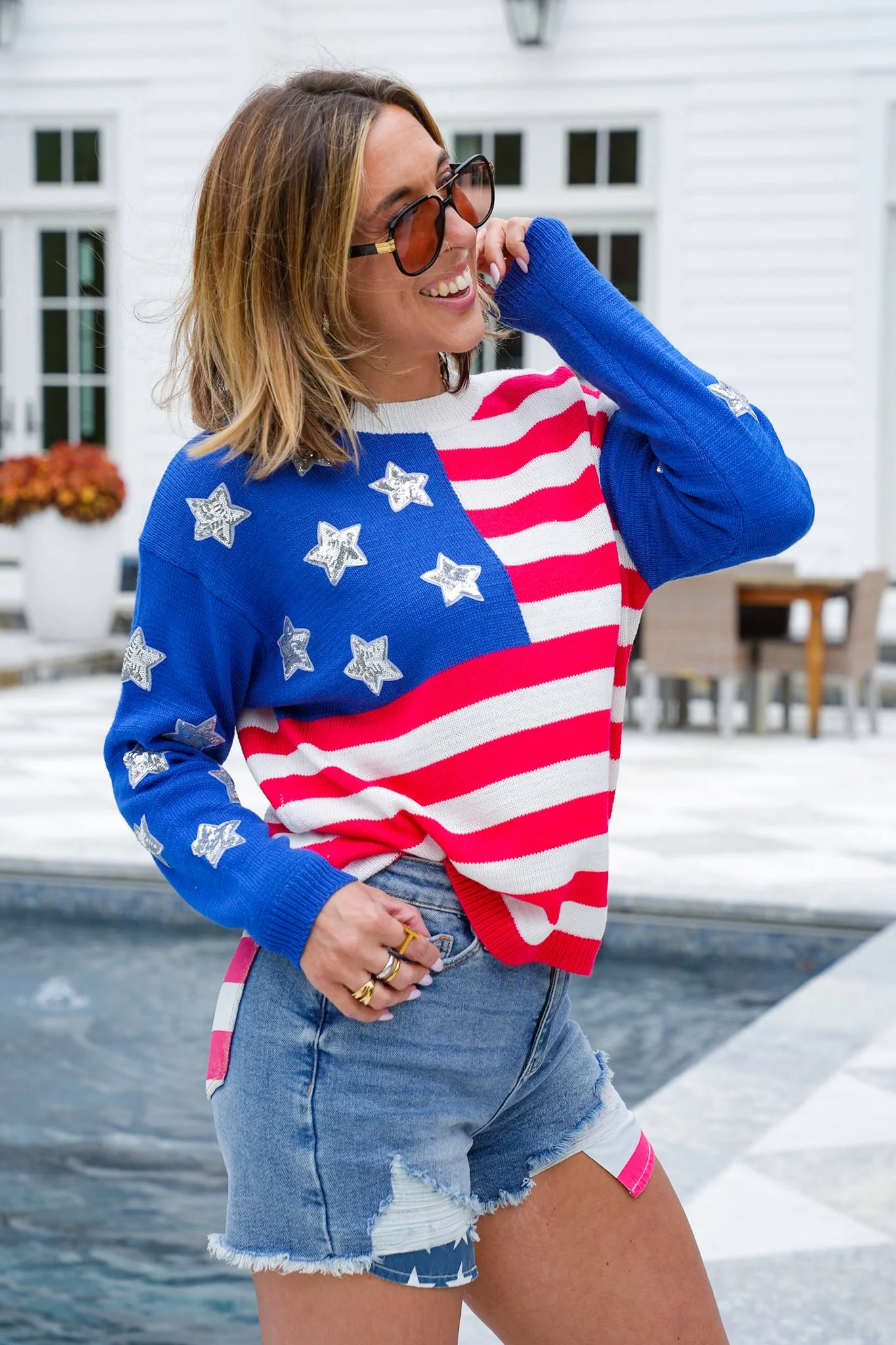 Restock! American Flag Long Sleeve Pullover Sweater with Sequin Detail - Image 4