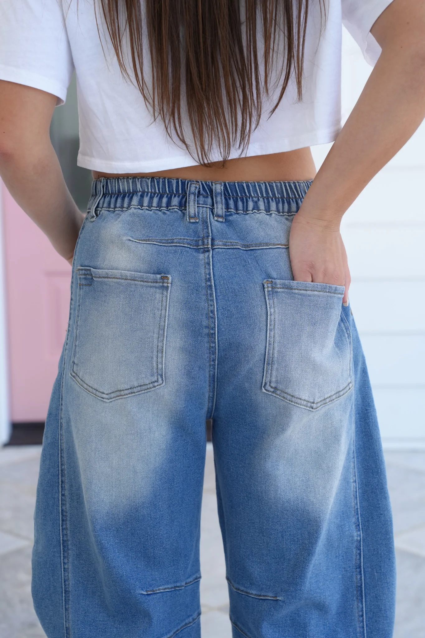Restock! Non-Distressed Barrel Jeans with Elastic Waist Detail - Image 5