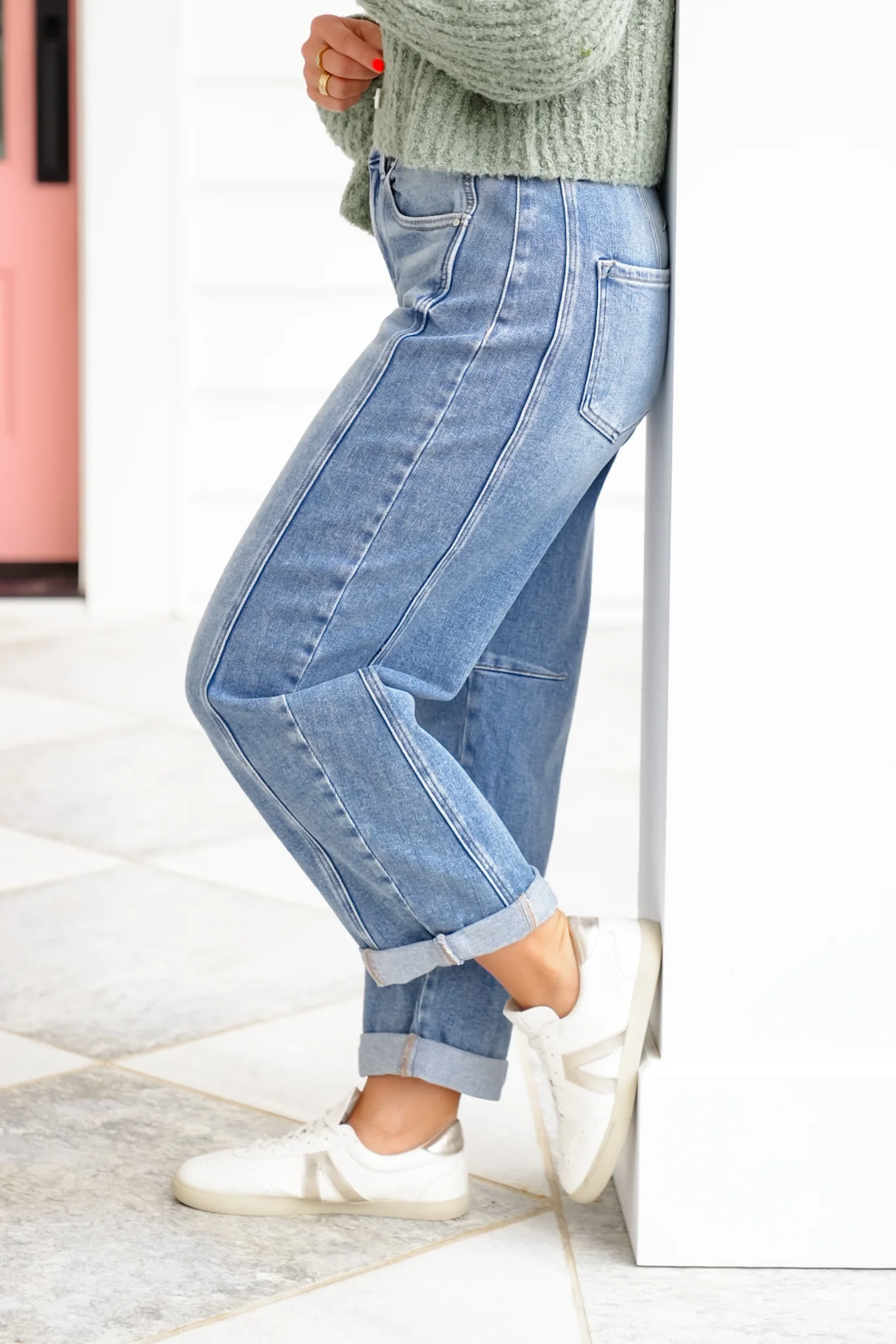 Risen High Rise Medium Wash Boyfriend Cuffed Barrel Jeans - Image 11