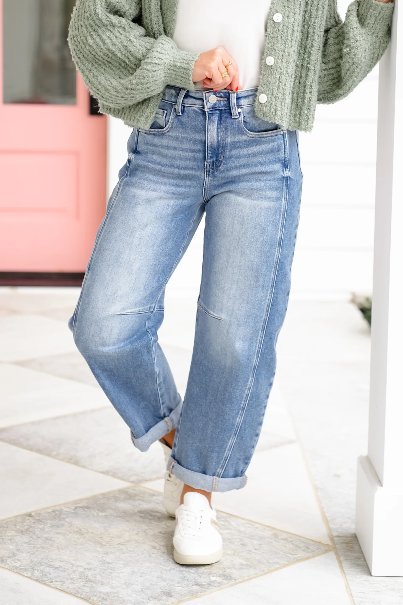 Risen High Rise Medium Wash Boyfriend Cuffed Barrel Jeans - Image 12