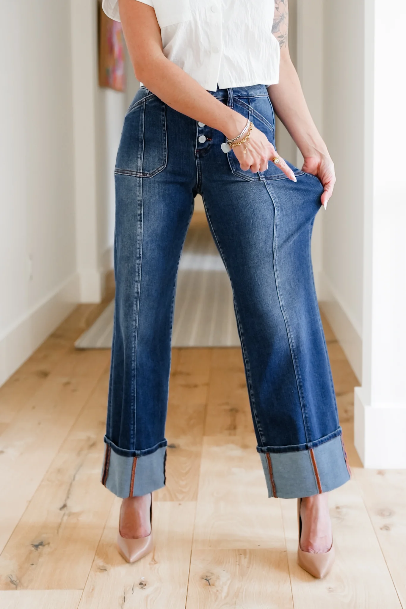 Risen Multi Inseam High Rise Dark Wash Cropped Wide Cuffed Straight Leg Jeans - Image 5