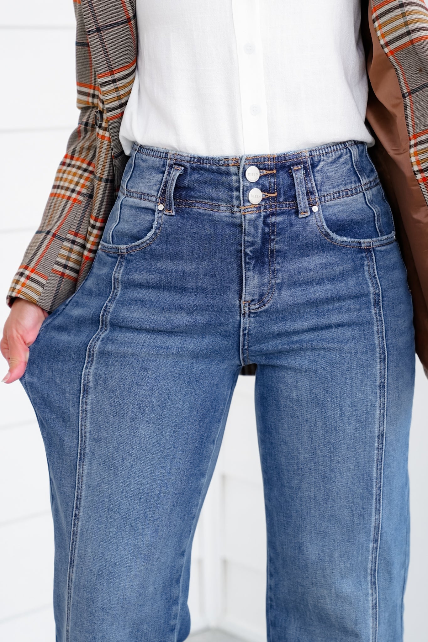 Risen "The Statement" Multiple Inseam Straight High Rise Medium Wash Ankle Wide Leg Jeans with Front Seam - Image 13