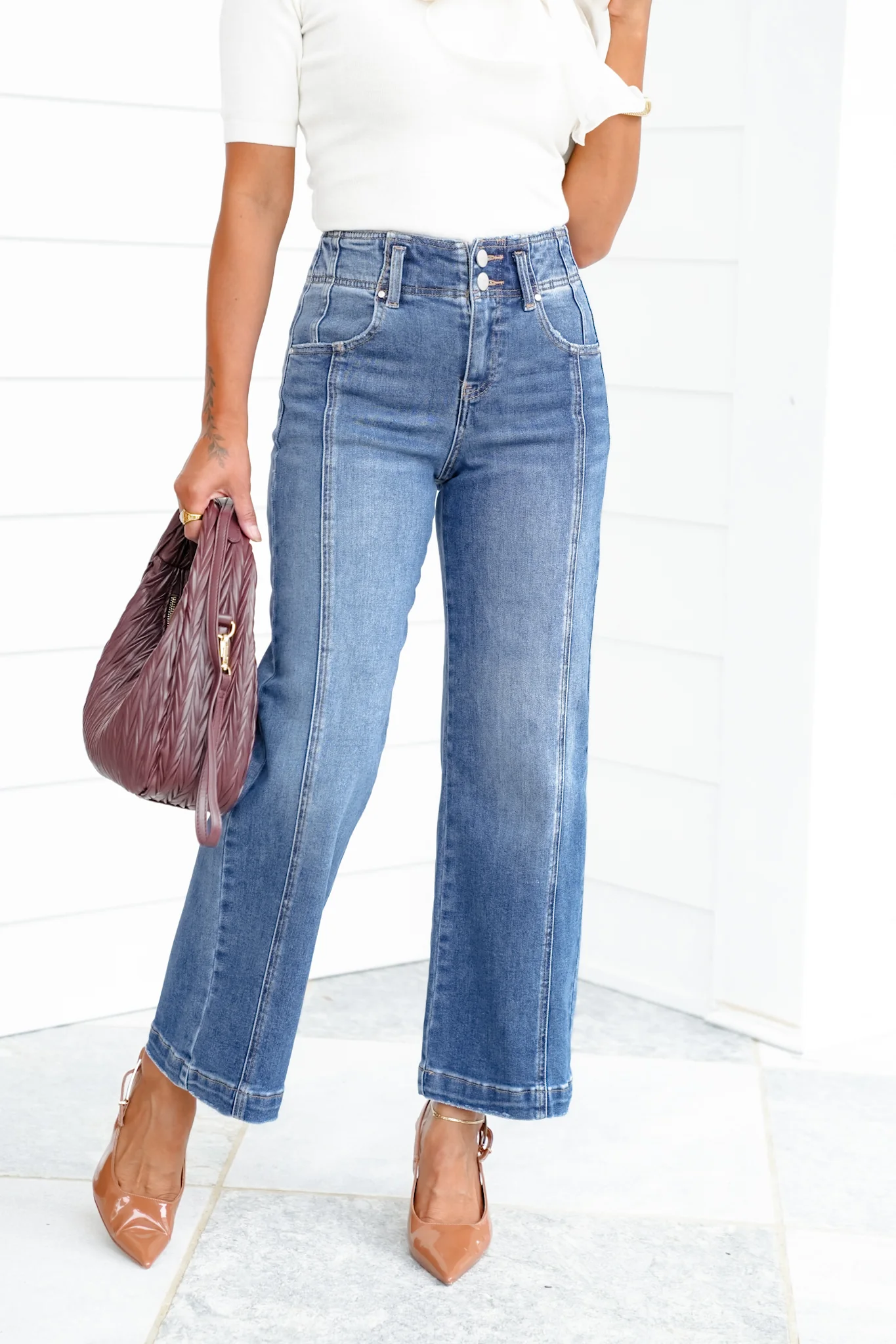 Risen "The Statement" Multiple Inseam Straight High Rise Medium Wash Ankle Wide Leg Jeans with Front Seam - Image 5