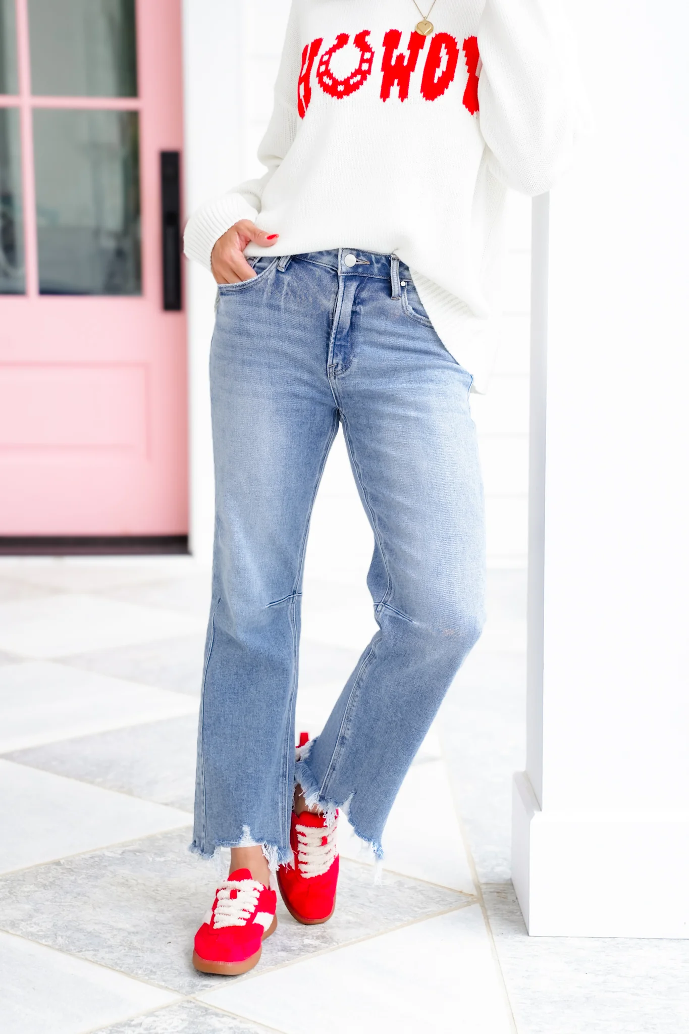 Risen High Rise Medium Wash Crop Straight Leg Jeans with Step Hem - Image 15
