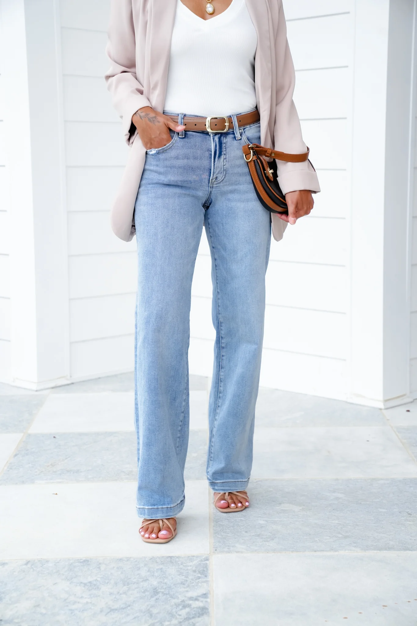 Risen Mid Rise Light Wash Tummy Control Elastic Waistband Wide Leg Jeans - Image 10