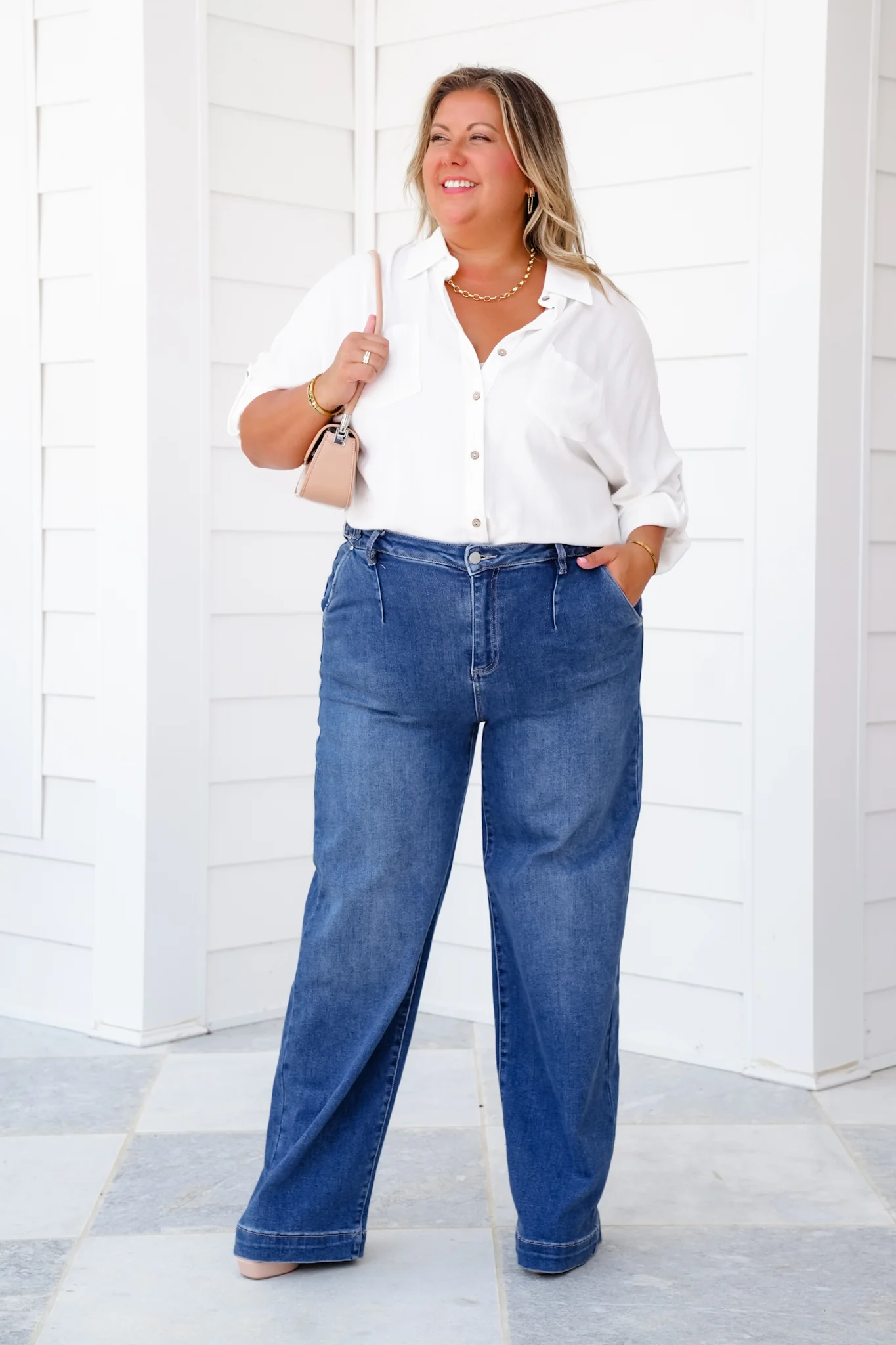 Risen High Rise Medium Wash Adjustable Waistband Wide Leg Pleated Jeans - Image 11