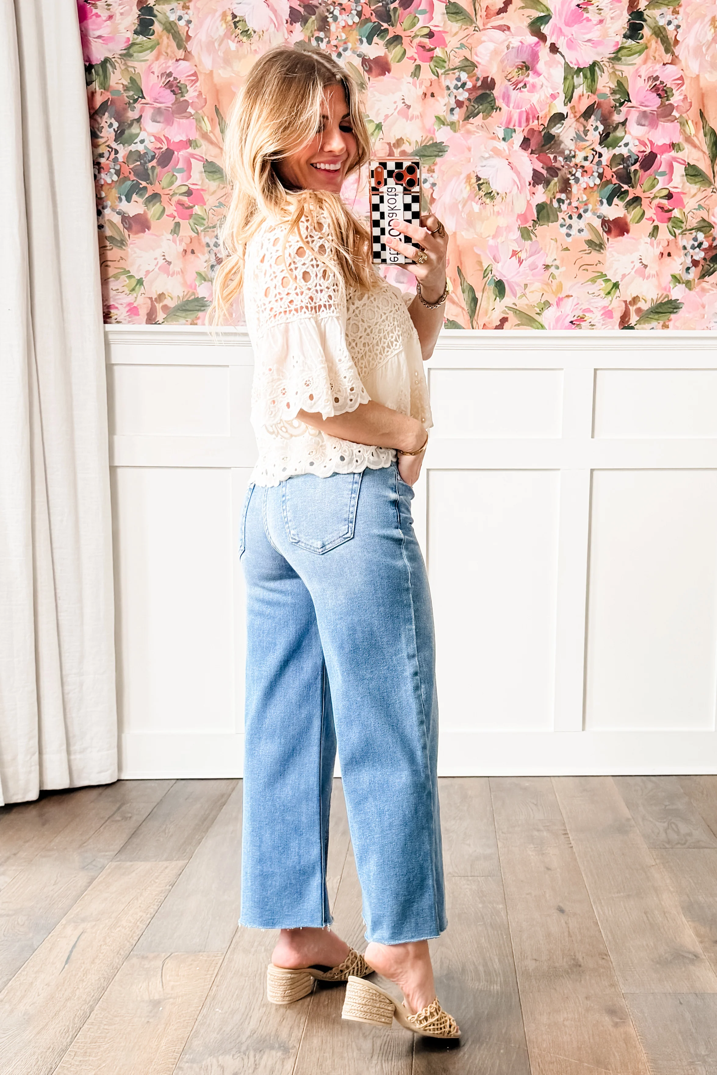 Risen Mid Rise Medium Wash Tummy Control Cropped Wide Leg Jeans with Front Slit - Image 6