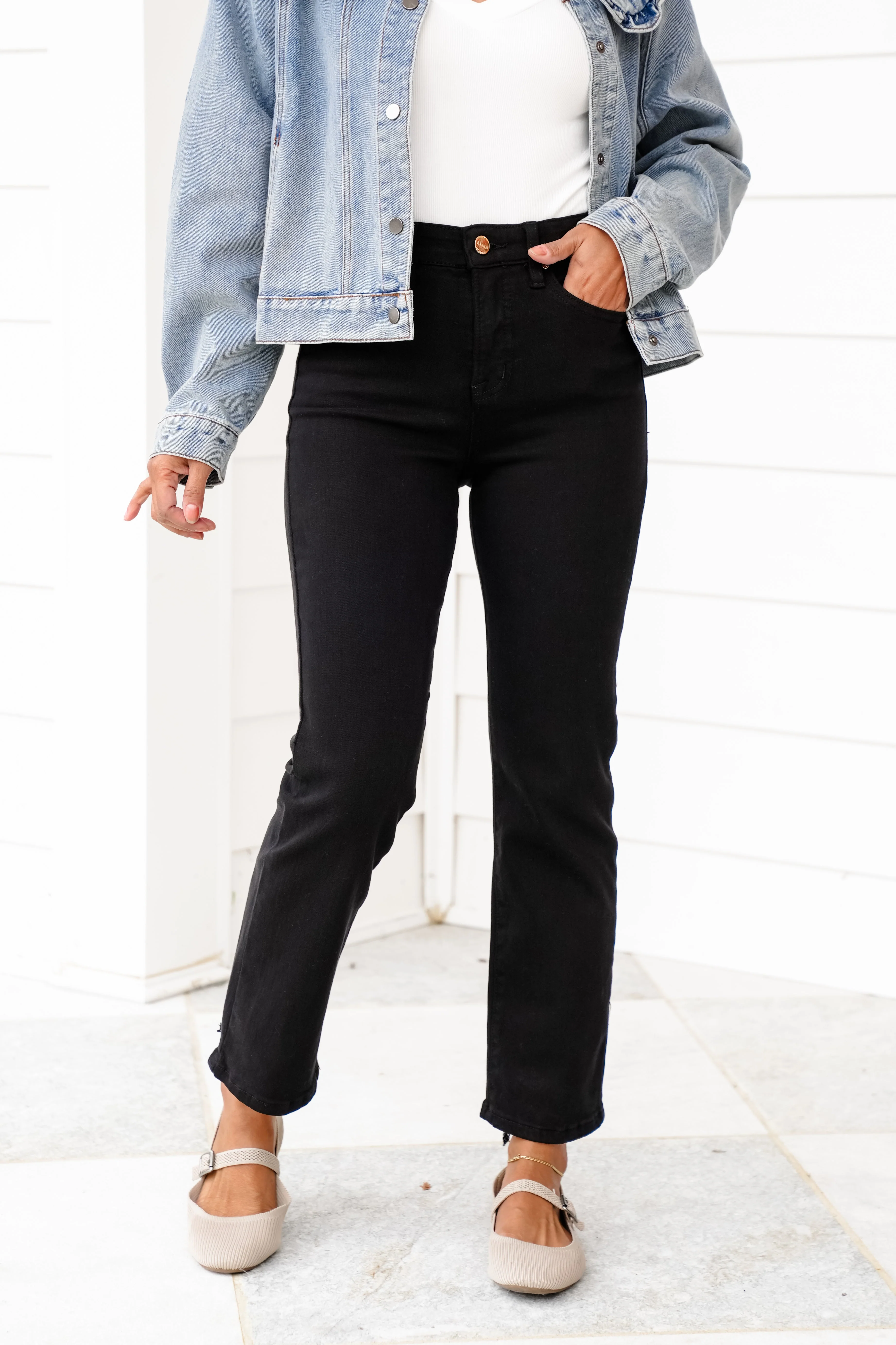 Risen She's a Ten High Rise Black Tummy Control Elastic Waistband Cropped Straight Leg Jeans - Image 3