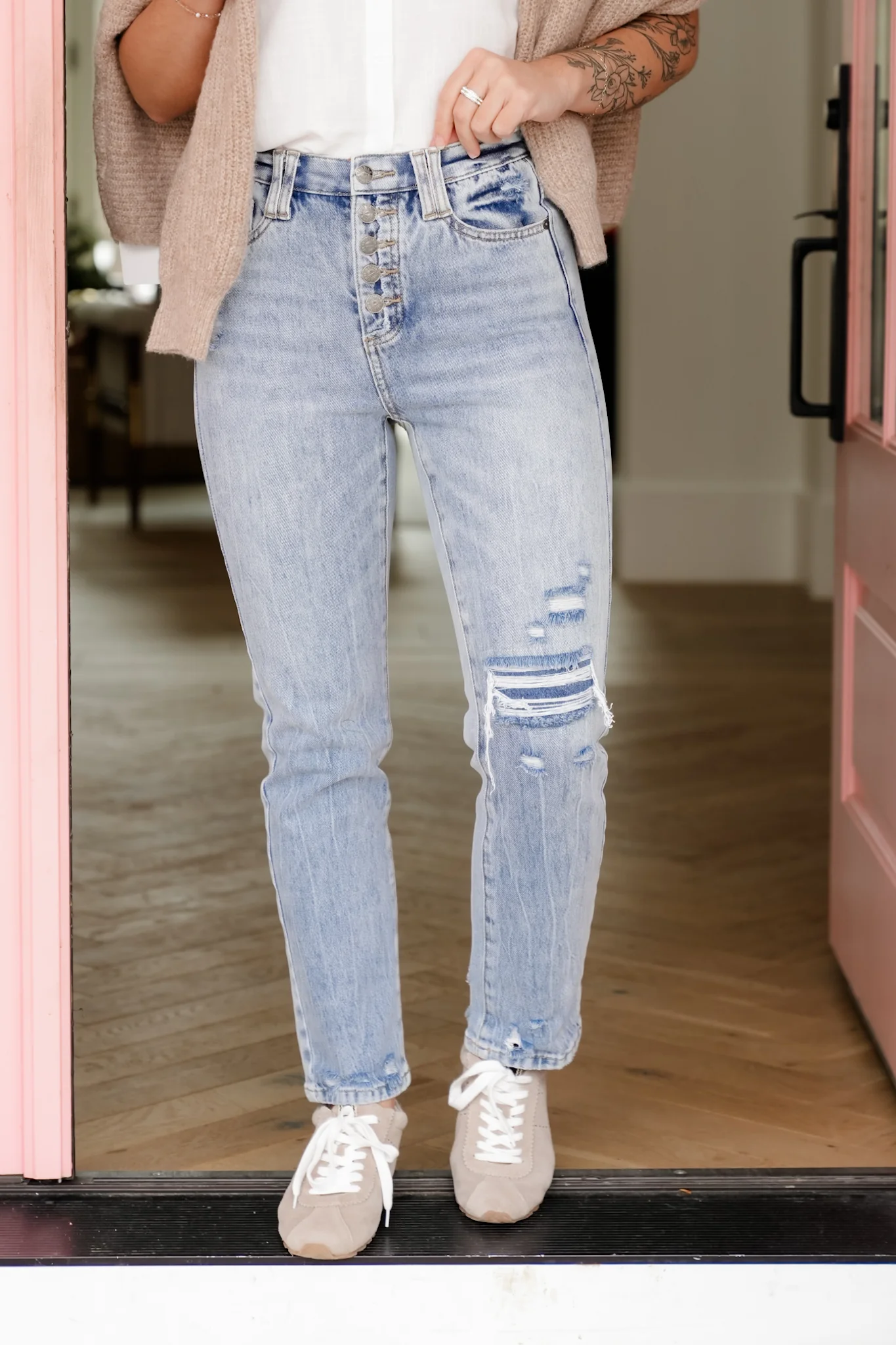 Saige High Rise Medium Wash Tummy Control Button Fly Cropped Slim Straight Leg Jeans - Image 10