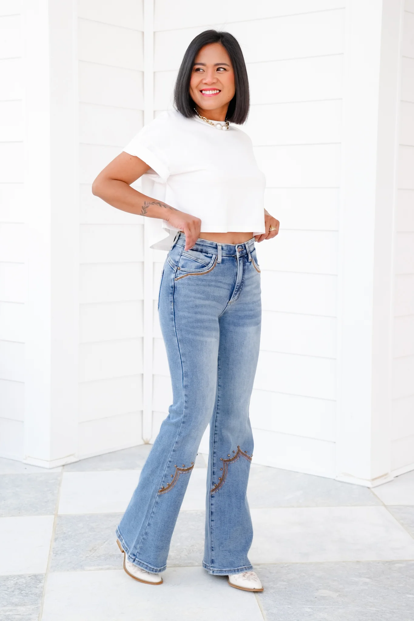Saige High Rise Medium Wash Tummy Control Flare Jeans With Embroidery - Image 11