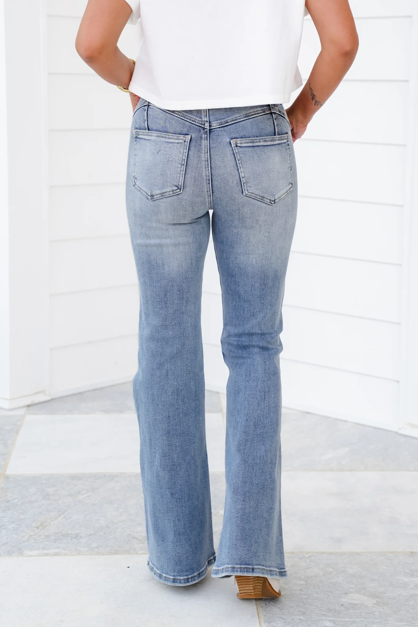 Saige High Rise Medium Wash Tummy Control Flare Jeans With Embroidery - Image 6