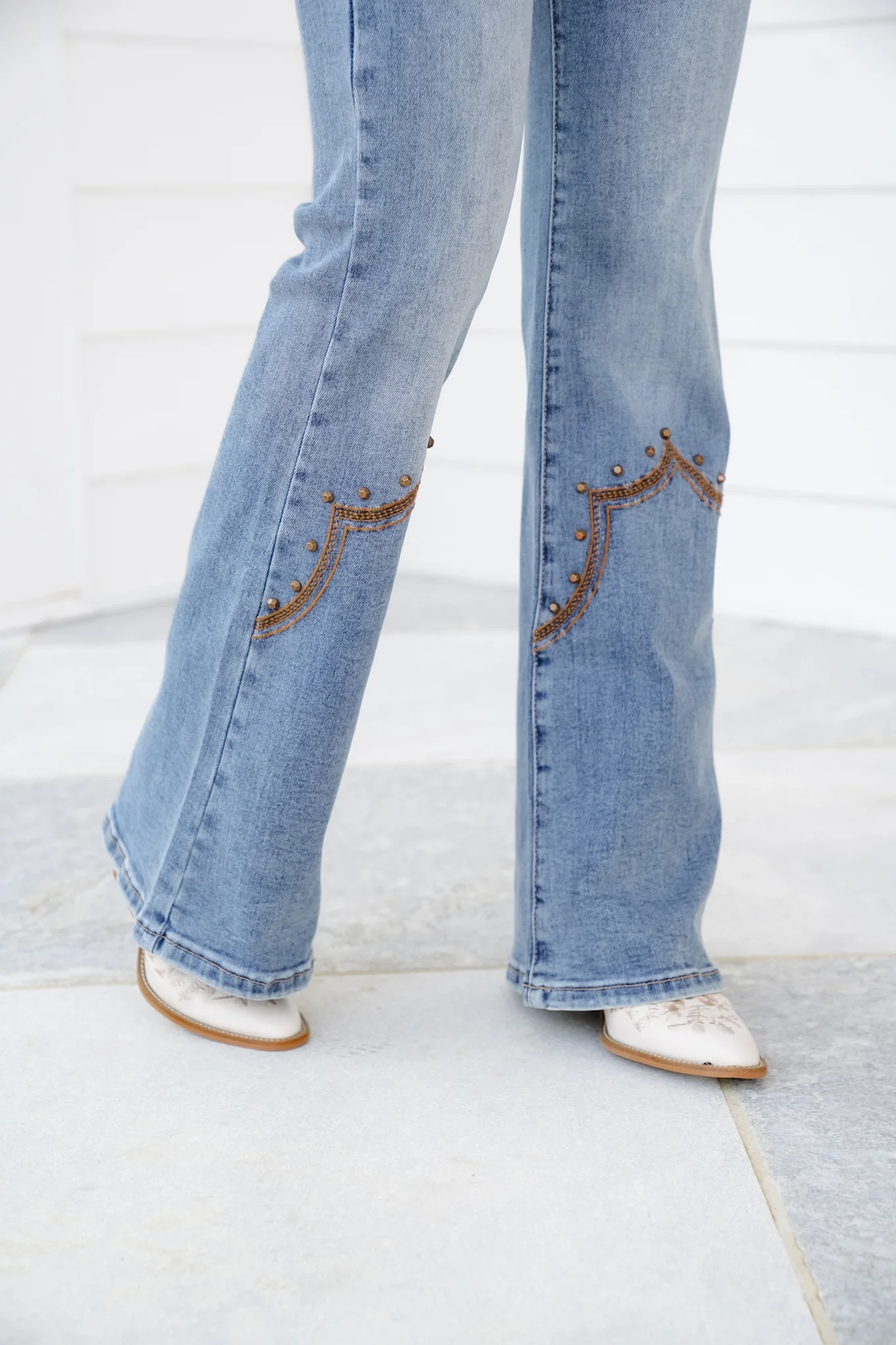 Saige High Rise Medium Wash Tummy Control Flare Jeans With Embroidery - Image 9